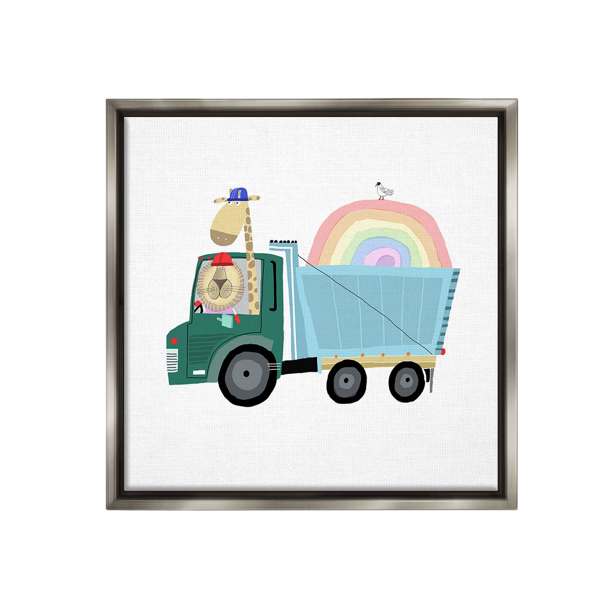 Stupell Industries Construction Animals with Rainbow Animals & Insects Painting Gray Floater Framed Canvas Art Print Wall Art, 18 x 18
