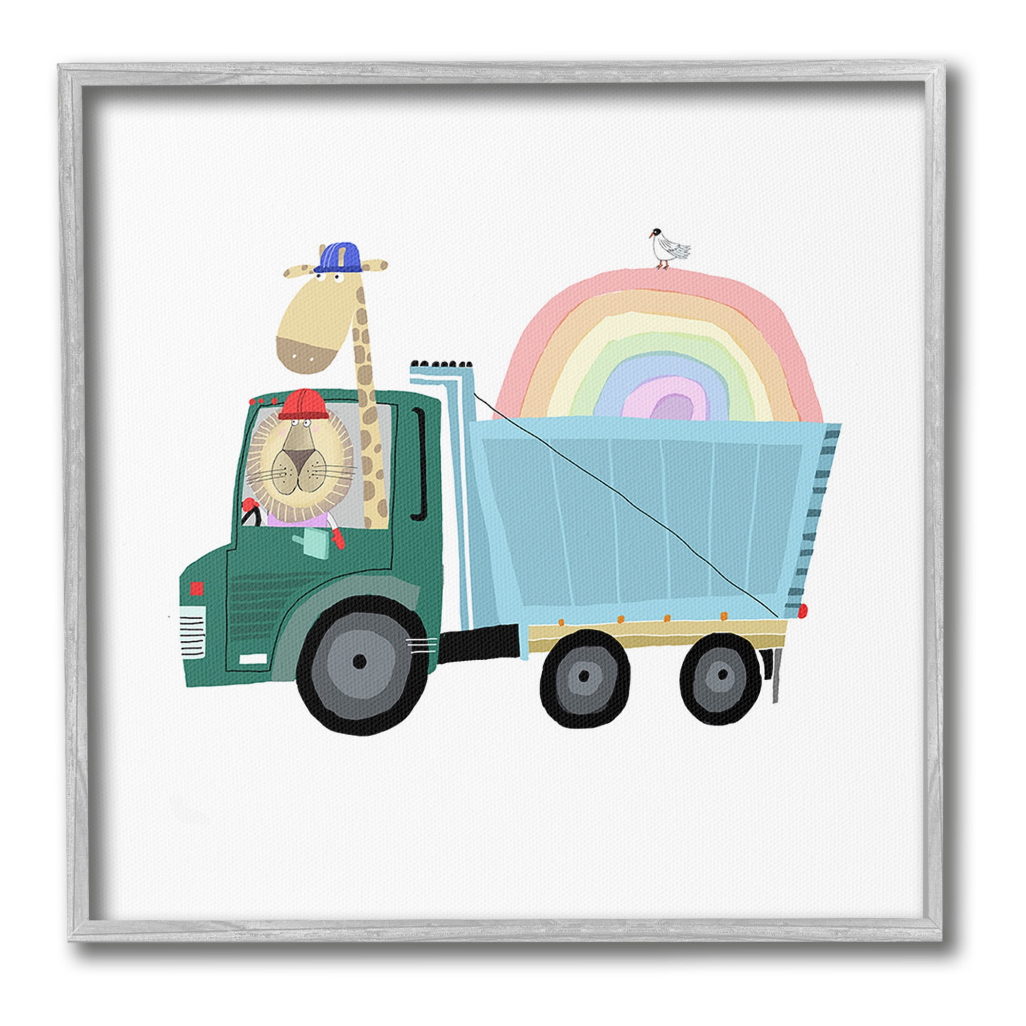 Stupell Industries Construction Animals with Rainbow Animals & Insects Painting Gray Framed Art Print Wall Art, 24 x 24