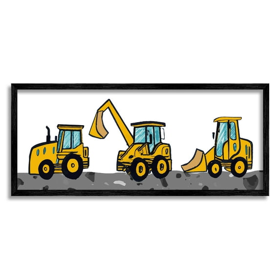 Stupell Industries Construction Bulldozers Trio Transportation Painting Black Framed Art Print Wall Art, 24 x 10