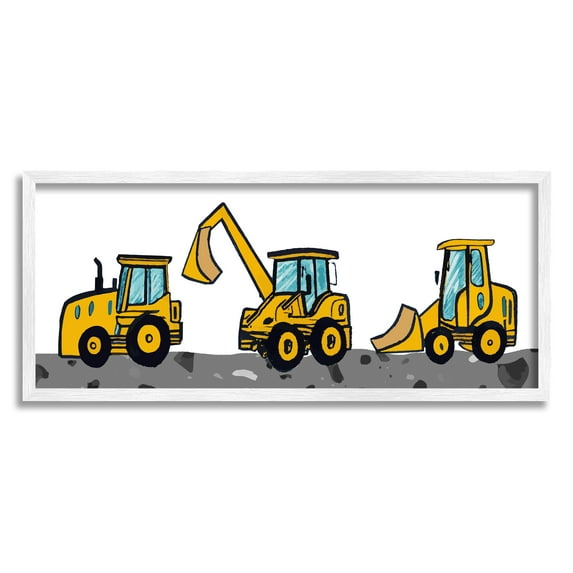 Stupell Industries Construction Bulldozers Trio Transportation Painting White Framed Art Print Wall Art, 24 x 10