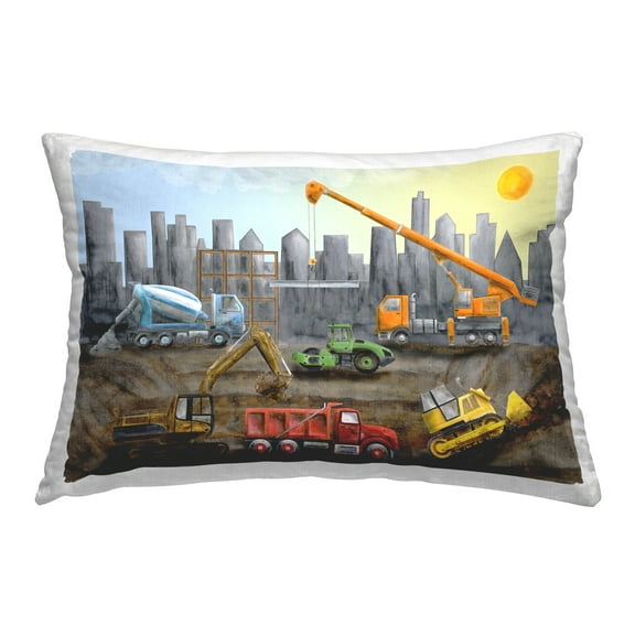 Stupell Industries Construction Trucks Skyline 14" x 20" Transportation Print Polyester Throw Pillow, Zip Closure 1 Count