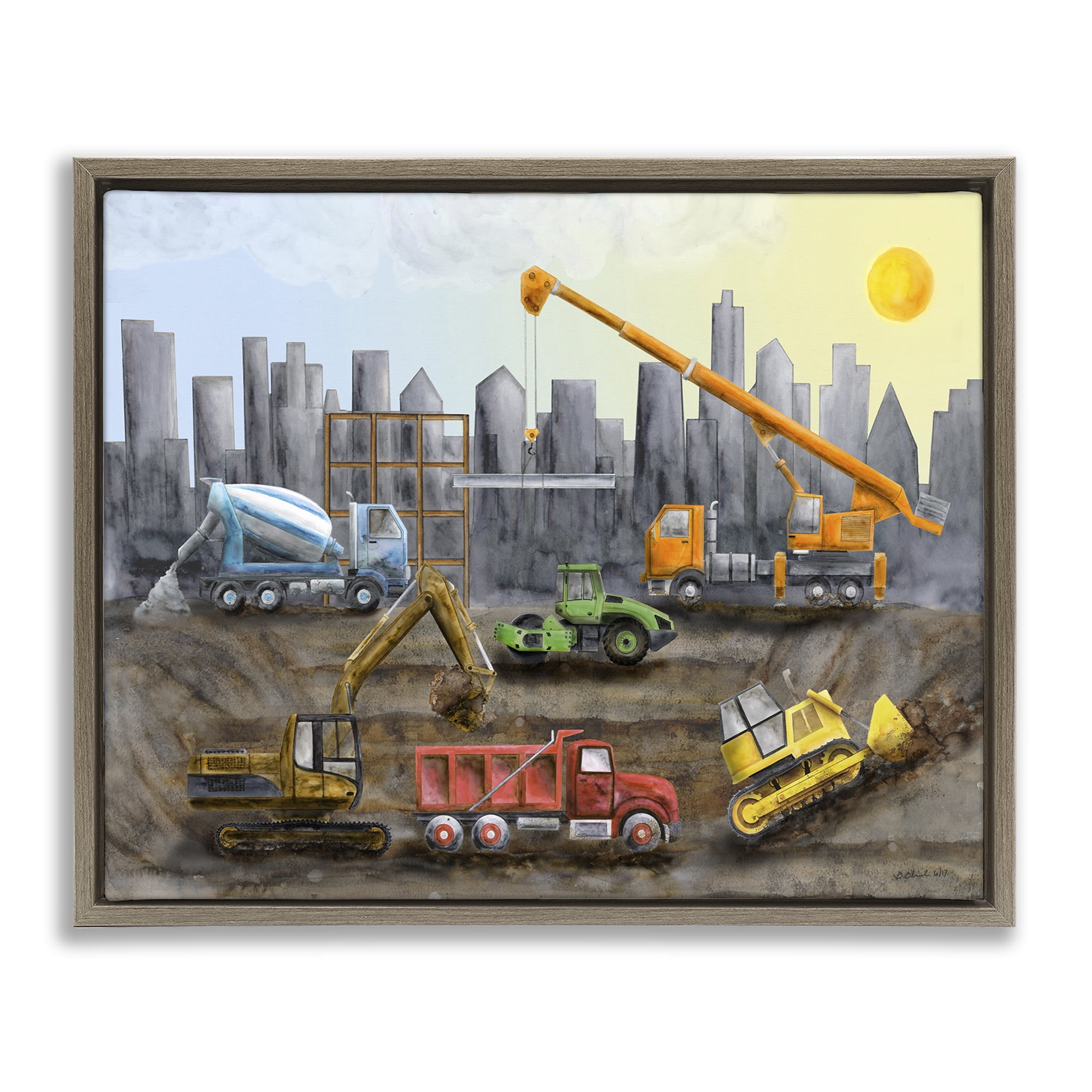 Stupell Industries Construction Trucks Skyline Transportation Painting Brown Floater Framed Canvas Art Print Wall Art, 31 x 25