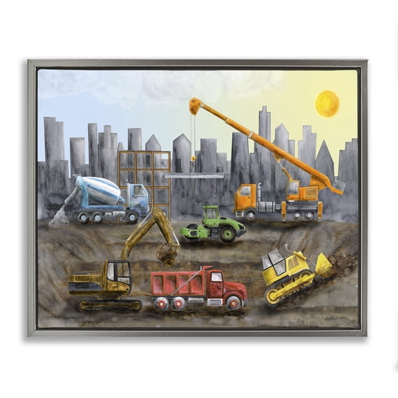 Stupell Industries Construction Trucks Skyline Transportation Painting Gray Floater Framed Canvas Art Print Wall Art, 21 x 17