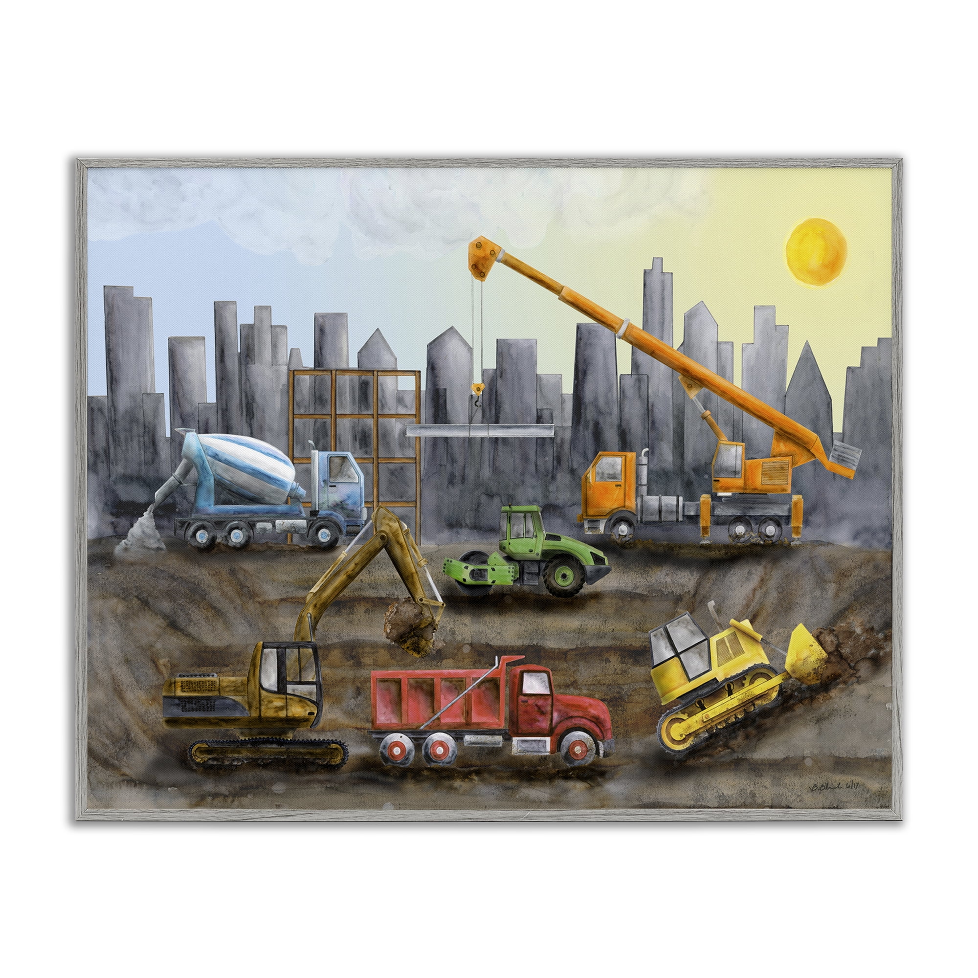 Stupell Industries Construction Trucks Skyline Transportation Painting Gray Framed Art Print Wall Art, 30 x 24
