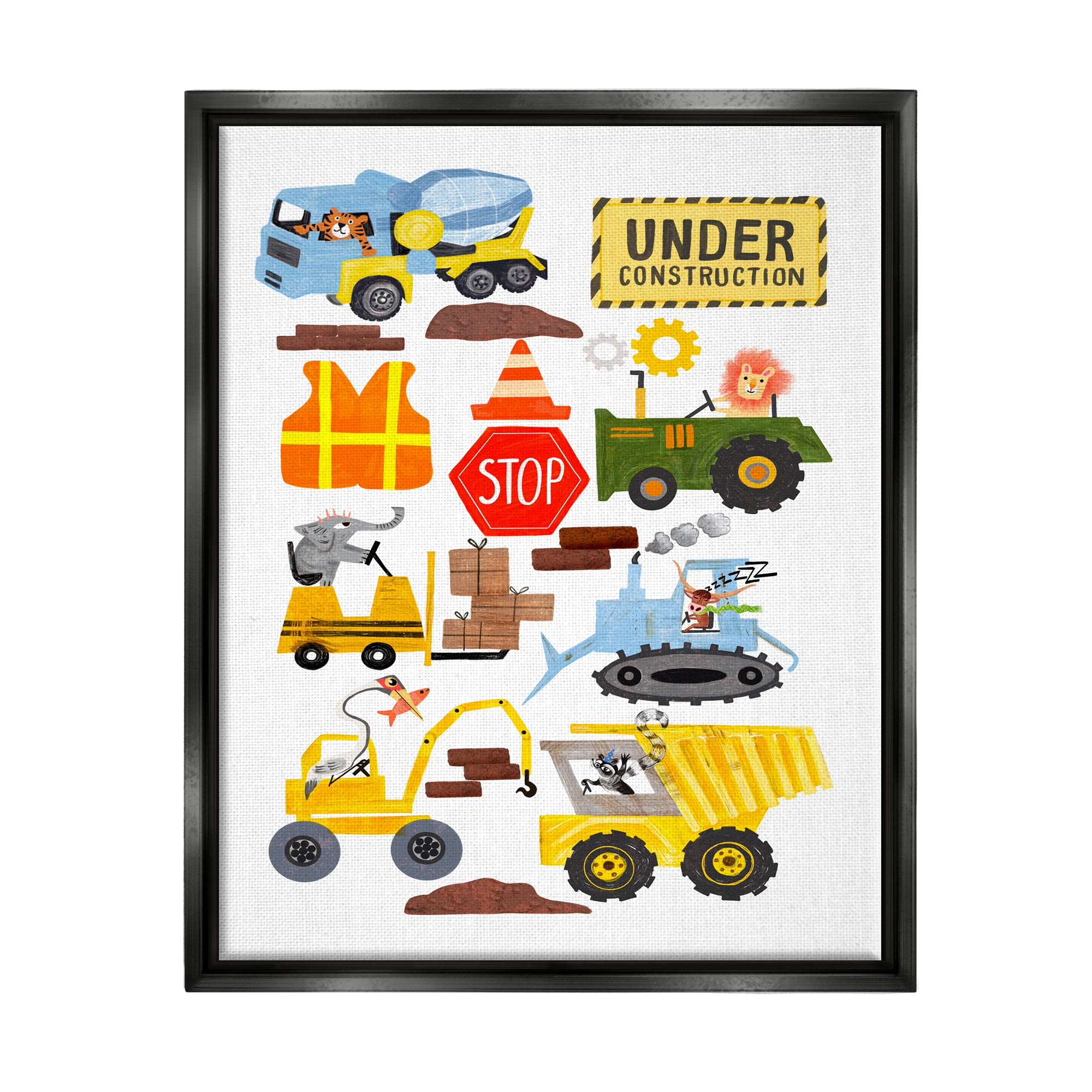 Stupell Industries Construction Vehicles & Animals Transportation Painting Black Floater Framed Canvas Art Print Wall Art, 25 x 31