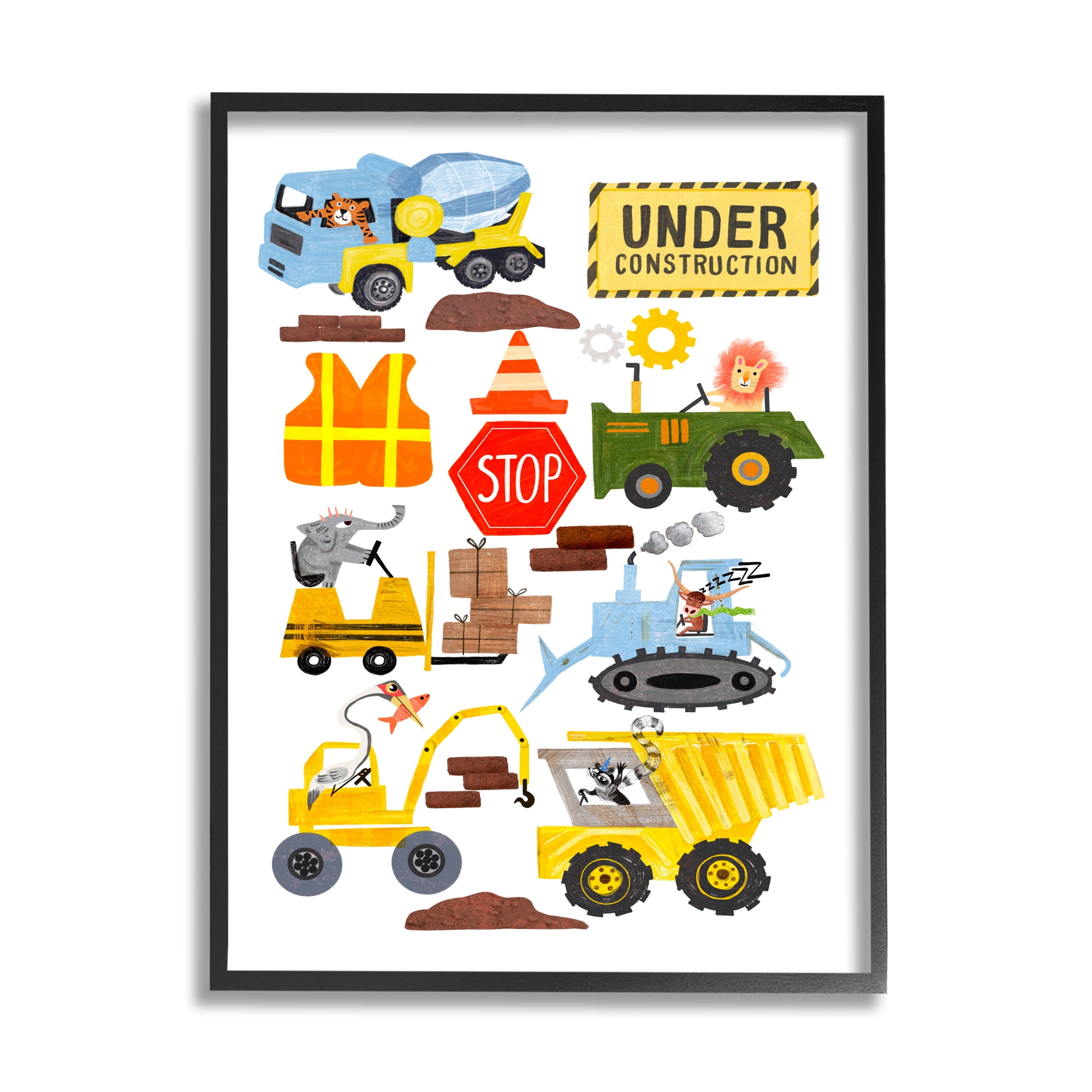Stupell Industries Construction Vehicles & Animals Transportation Painting Black Framed Art Print Wall Art, 24 x 30