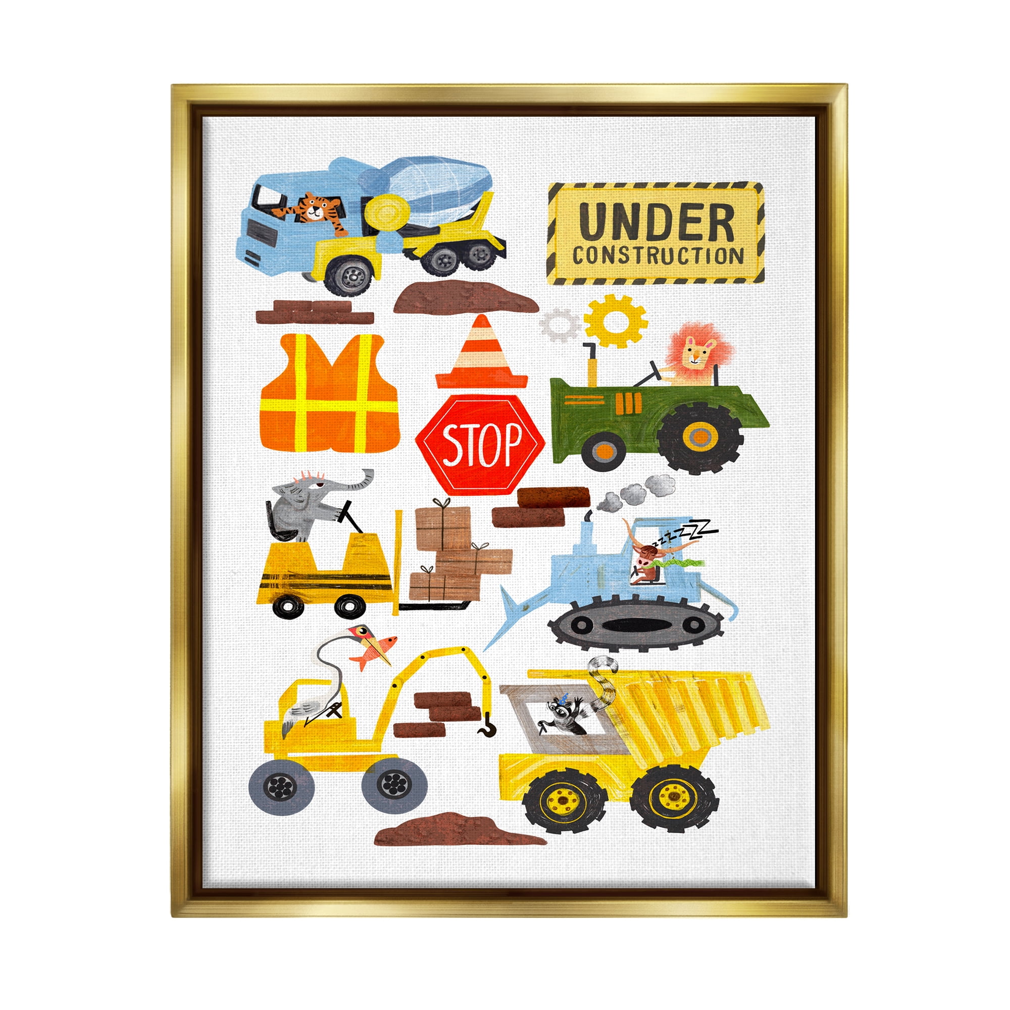 Stupell Industries Construction Vehicles & Animals Transportation Painting Gold Floater Framed Canvas Art Print Wall Art, 17 x 21