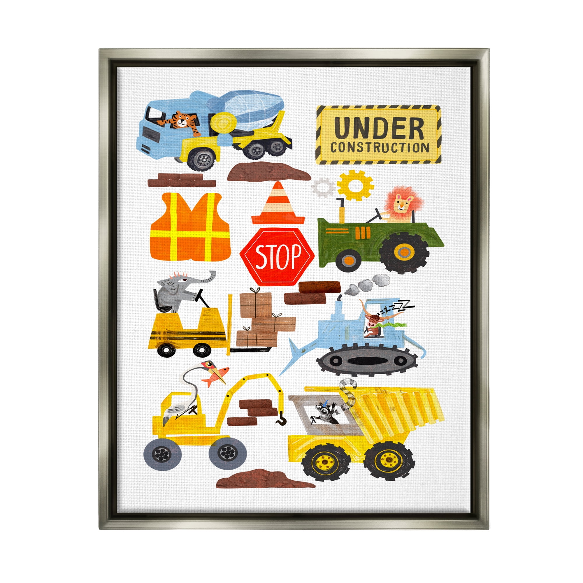 Stupell Industries Construction Vehicles & Animals Transportation Painting Gray Floater Framed Canvas Art Print Wall Art, 25 x 31