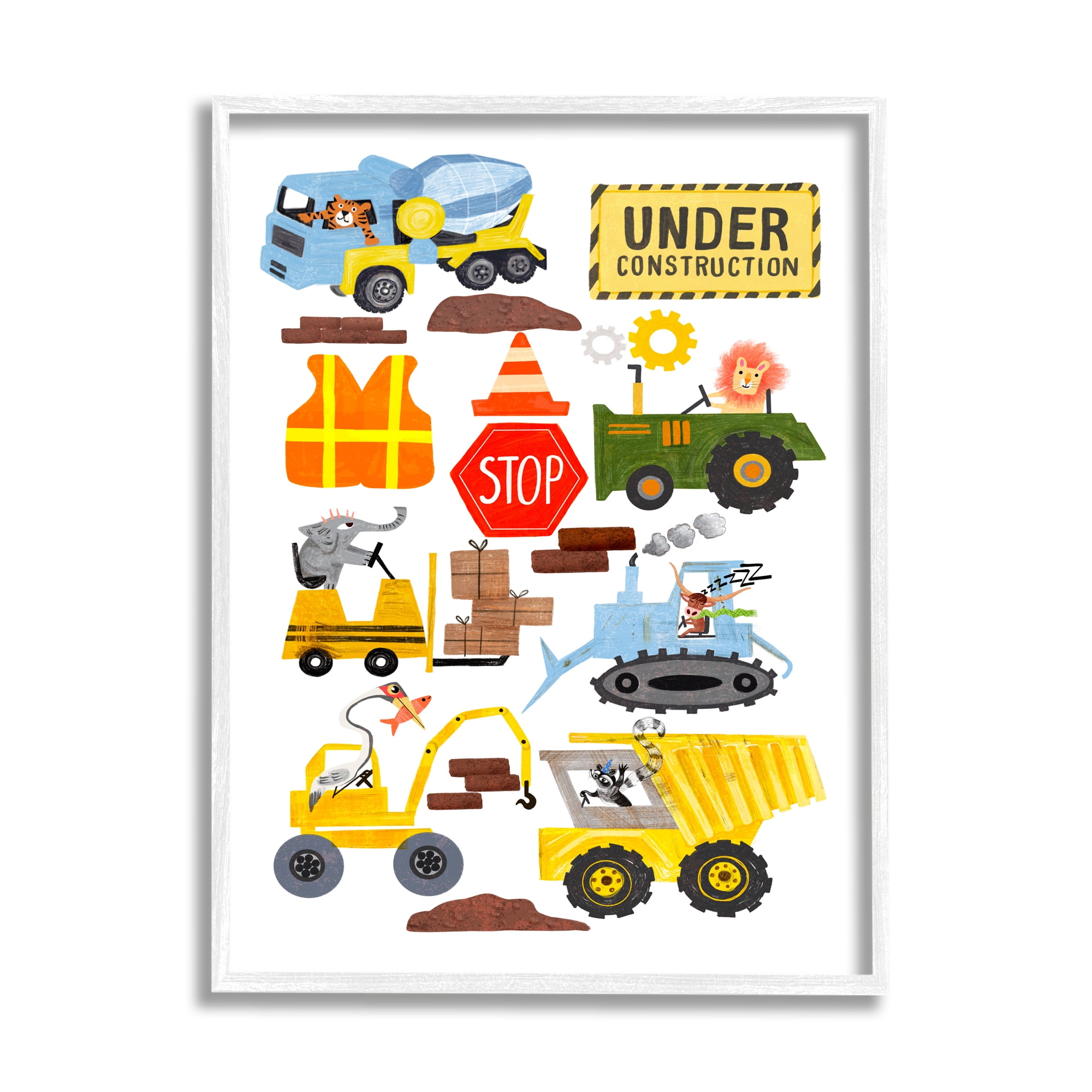Stupell Industries Construction Vehicles & Animals Transportation Painting White Framed Art Print Wall Art, 24 x 30