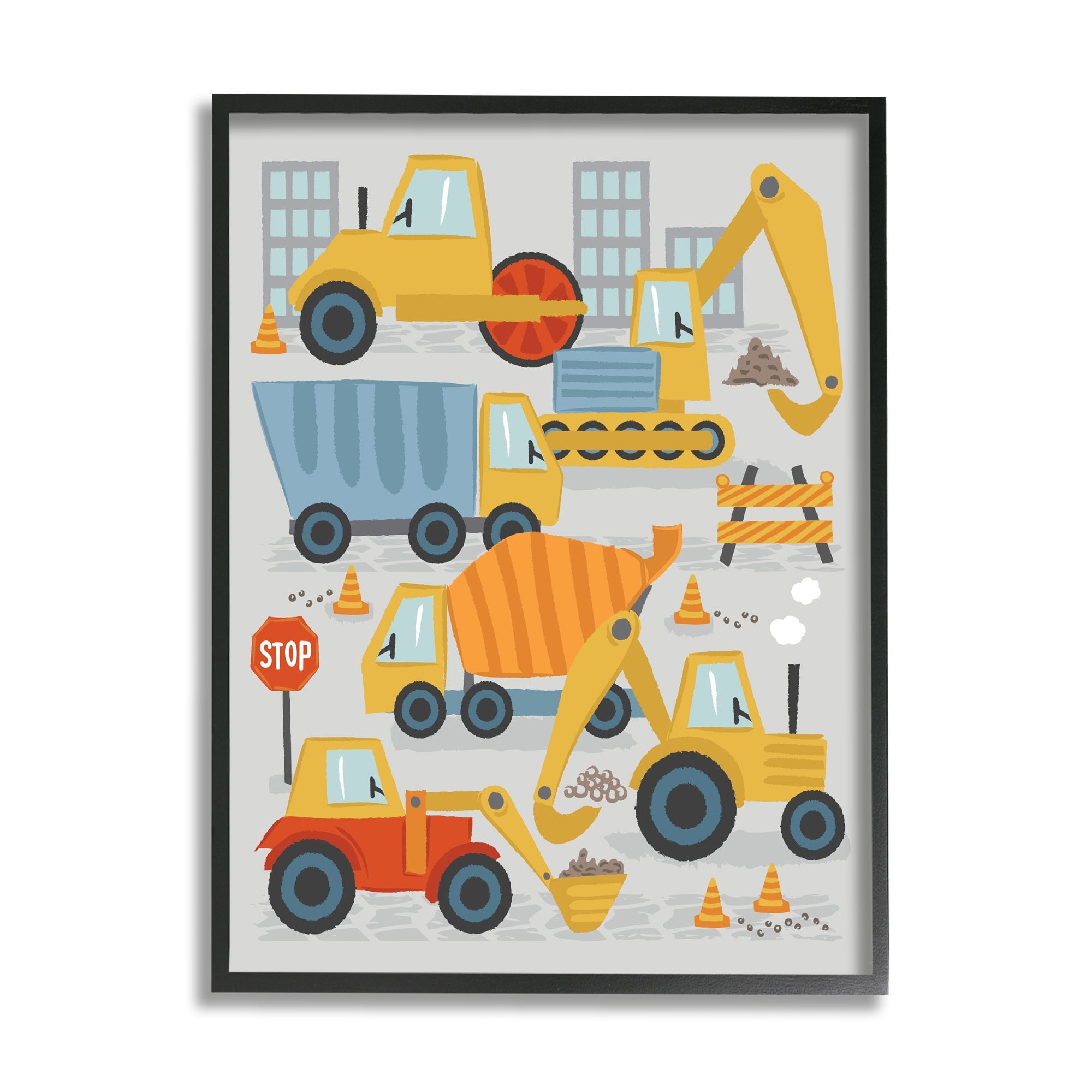 Stupell Industries Construction Vehicles Bulldozing Buildings Traffic Cones Illustration Framed Wall Art, 16 x 20, Design by Lisa Perry Whitebutton
