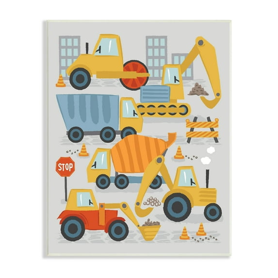 Stupell Industries Construction Vehicles Bulldozing Buildings Traffic Cones Illustration Wood Wall Art, 10 x 15, Design by Lisa Perry Whitebutton