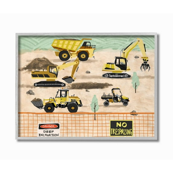 Stupell Industries Construction Vehicles Cartoon Painting Design Drawings Gray Framed Art Print Wall Art, 16x20, by Ziwei Li
