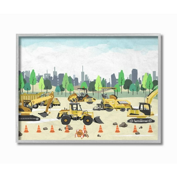 Stupell Industries Construction Vehicles Cartoon Park Painting Design Graphic Art Gray Framed Art Print Wall Art, 11x14, by Ziwei Li
