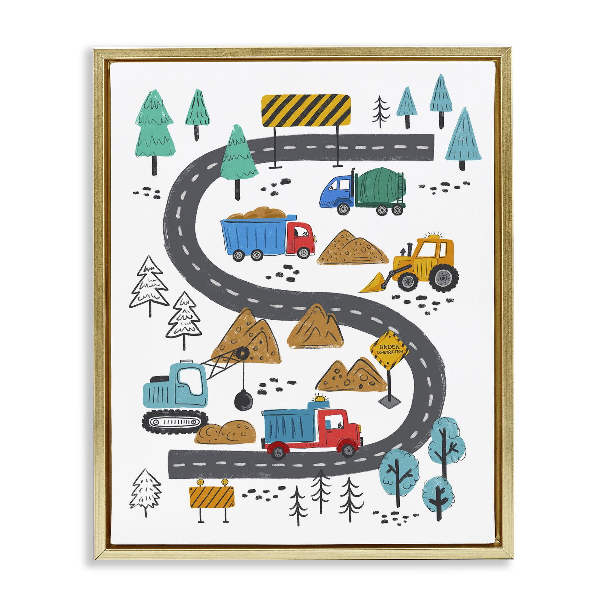 Stupell Industries Construction Vehicles Road Transportation Painting Gold Floater Framed Art Print Wall Art, 25 x 31