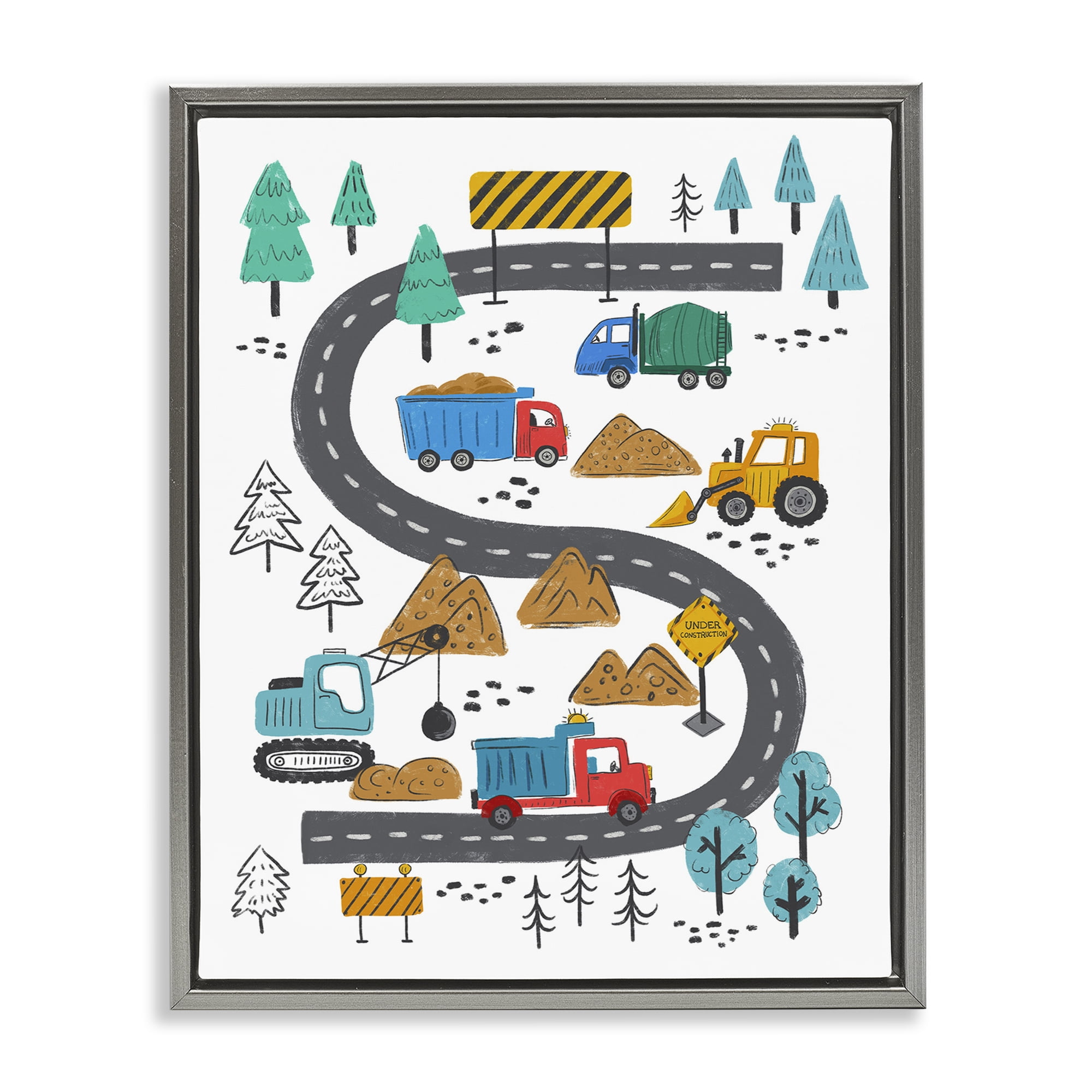 Stupell Industries Construction Vehicles Road Transportation Painting Gray Floater Framed Art Print Wall Art, 17 x 21