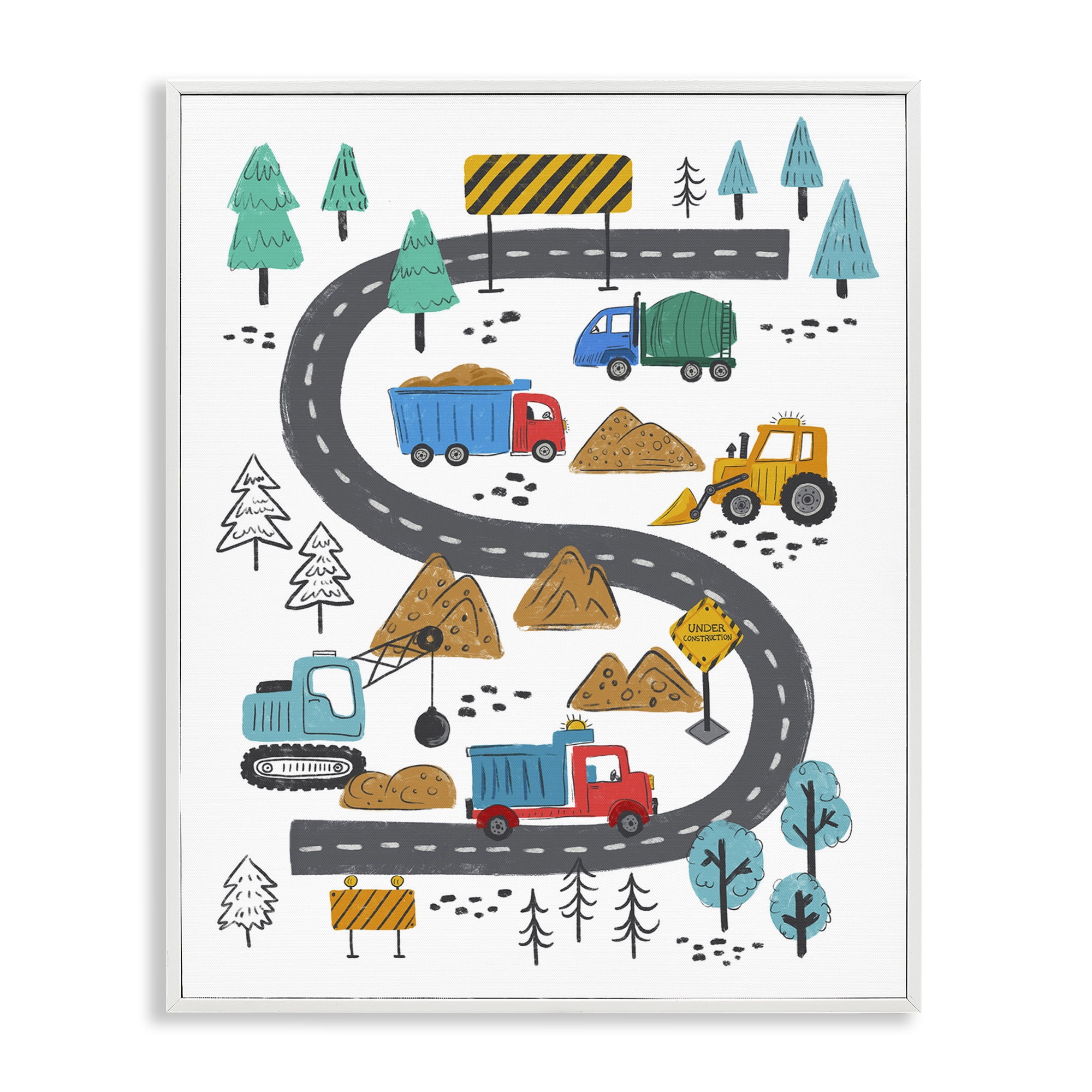 Stupell Industries Construction Vehicles Road Transportation Painting White Framed Art Print Wall Art, 16 x 20