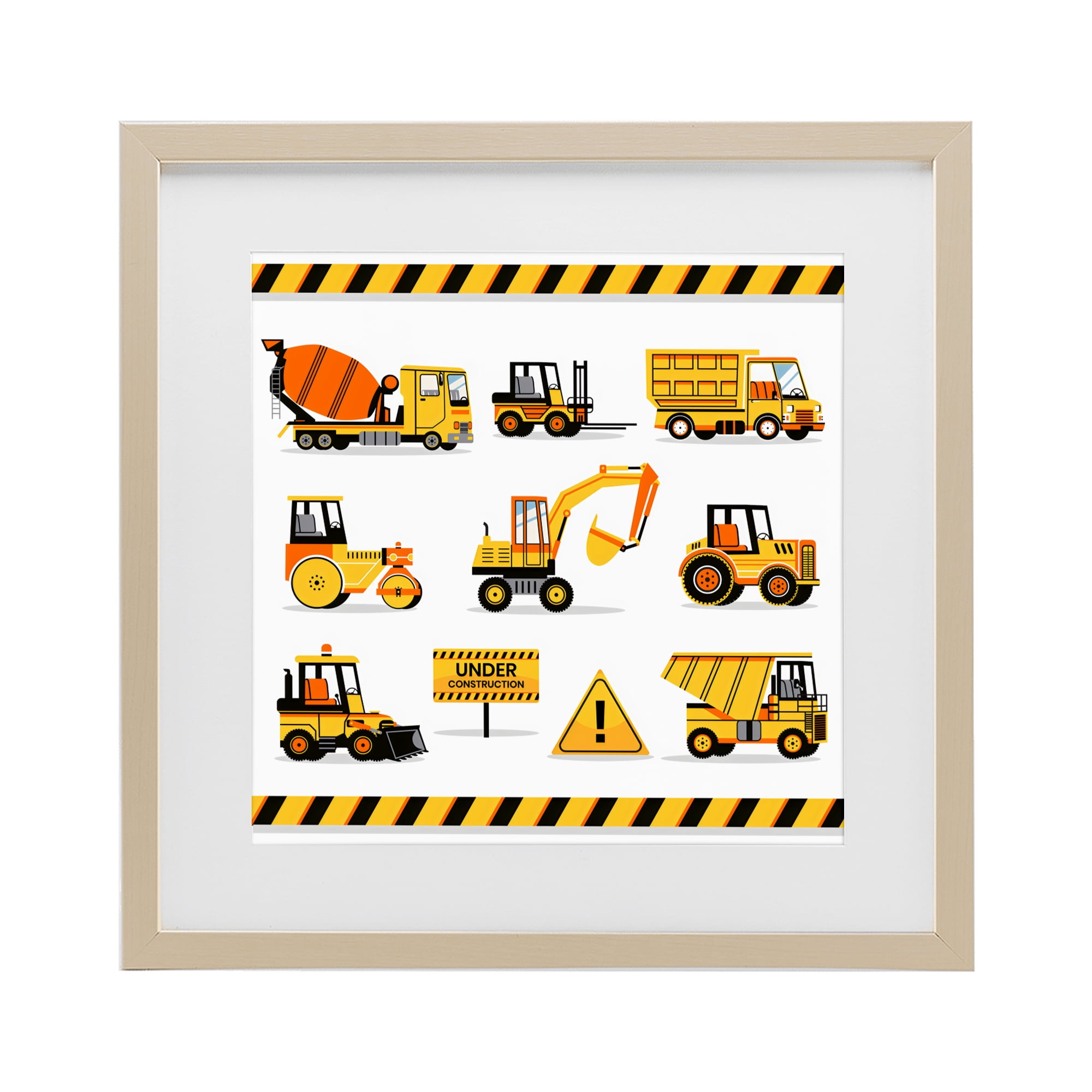 Stupell Industries Construction Vehicles with Warning Birch Framed Print Under Glass, design by Creative Studio
