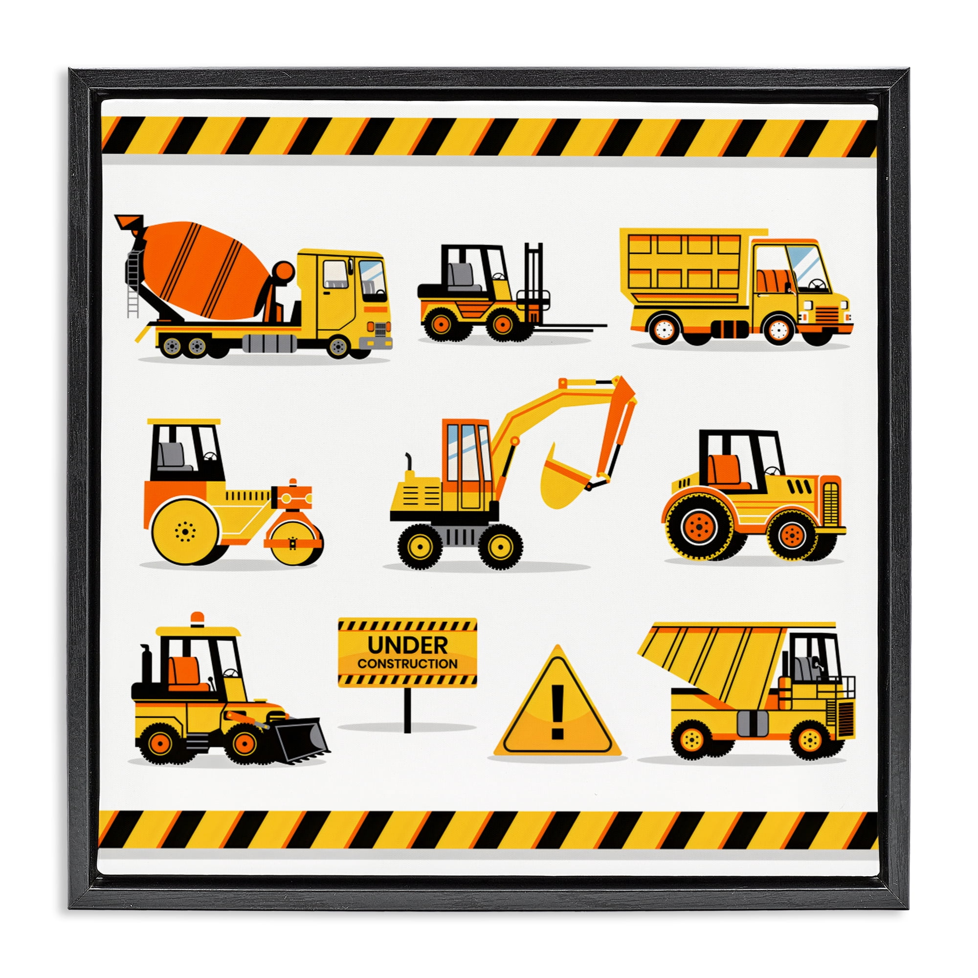 Stupell Industries Construction Vehicles with Warning Black Framed Floater Canvas Wall Art, design by Creative Studio
