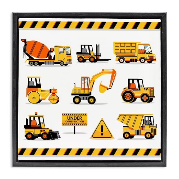 Stupell Industries Construction Vehicles with Warning Black Framed Floater Canvas Wall Art, design by Creative Studio