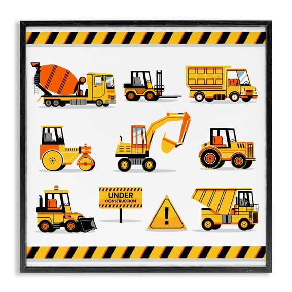 Stupell Industries Construction Vehicles with Warning Black Framed Giclee Art, design by Creative Studio