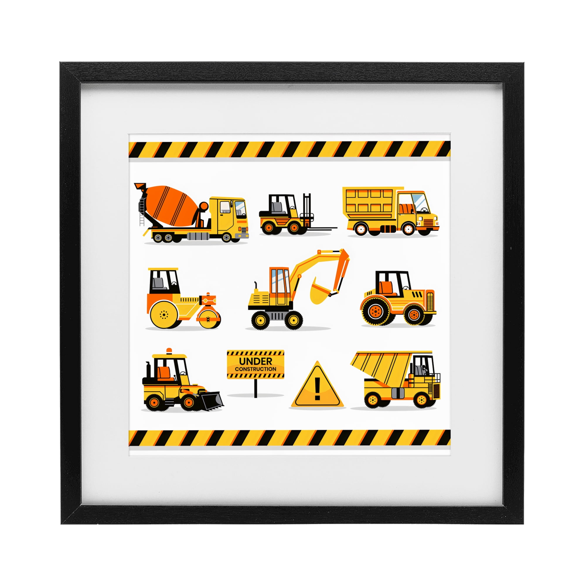 Stupell Industries Construction Vehicles with Warning Black Framed Print Under Glass, design by Creative Studio