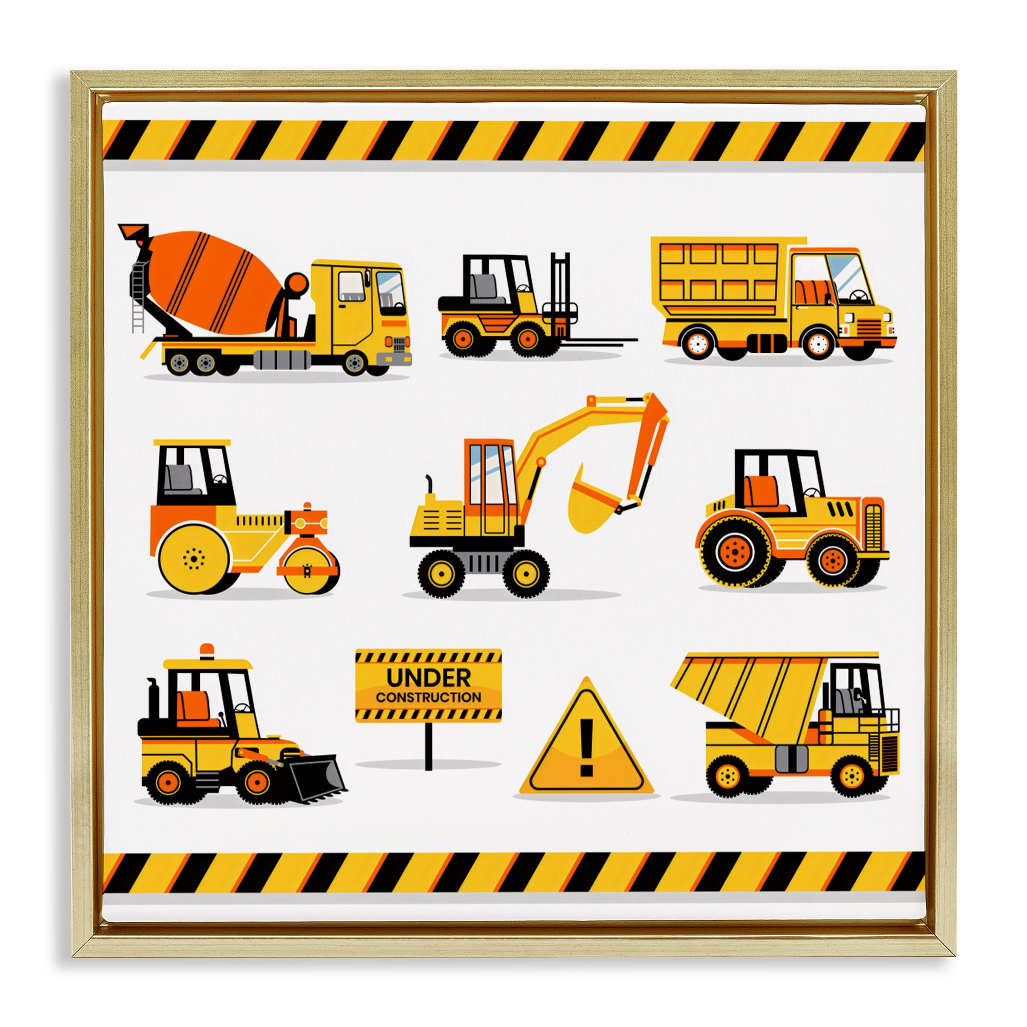 Stupell Industries Construction Vehicles with Warning Gold Framed Floater Canvas Wall Art, design by Creative Studio