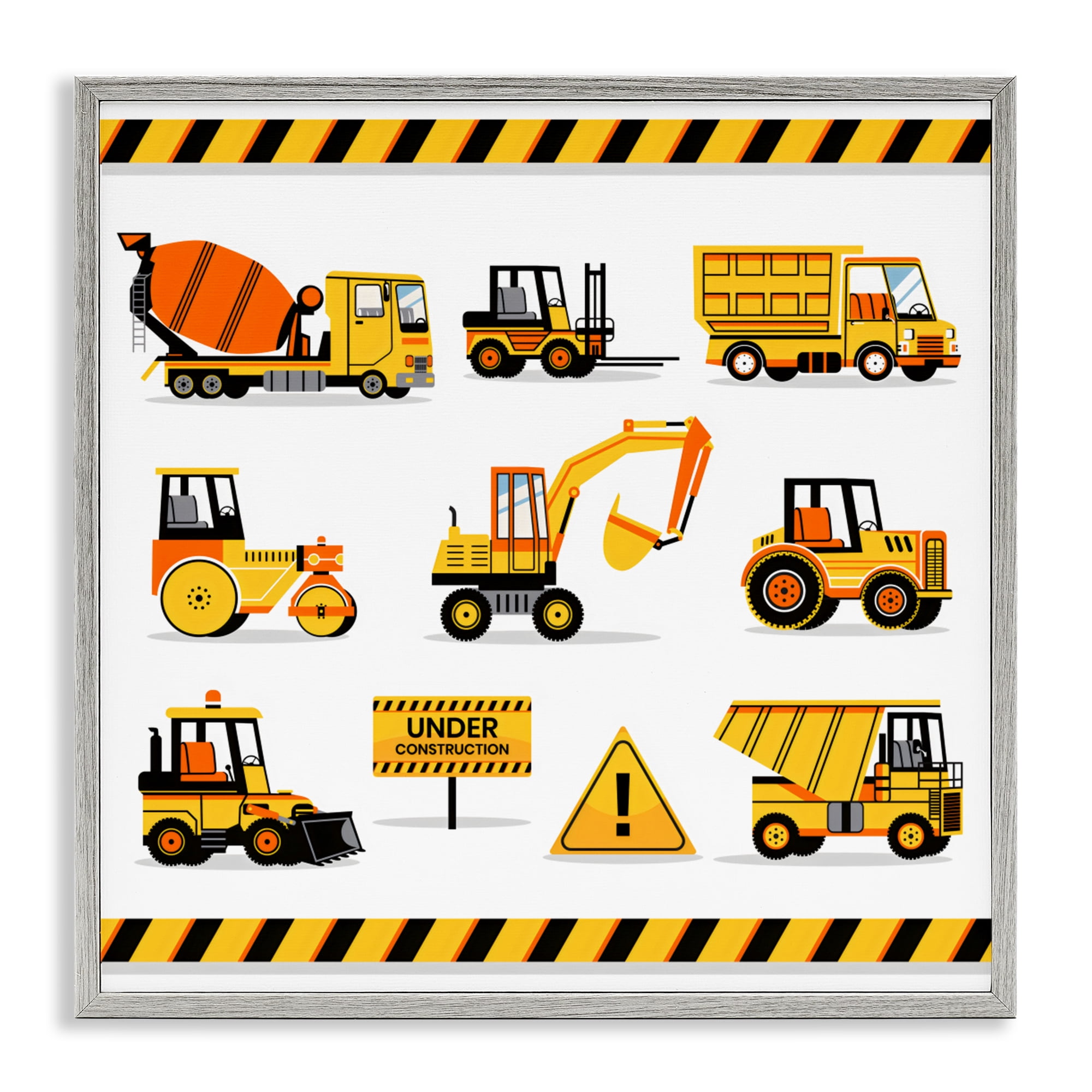 Stupell Industries Construction Vehicles with Warning Gray Framed Giclee Art, design by Creative Studio