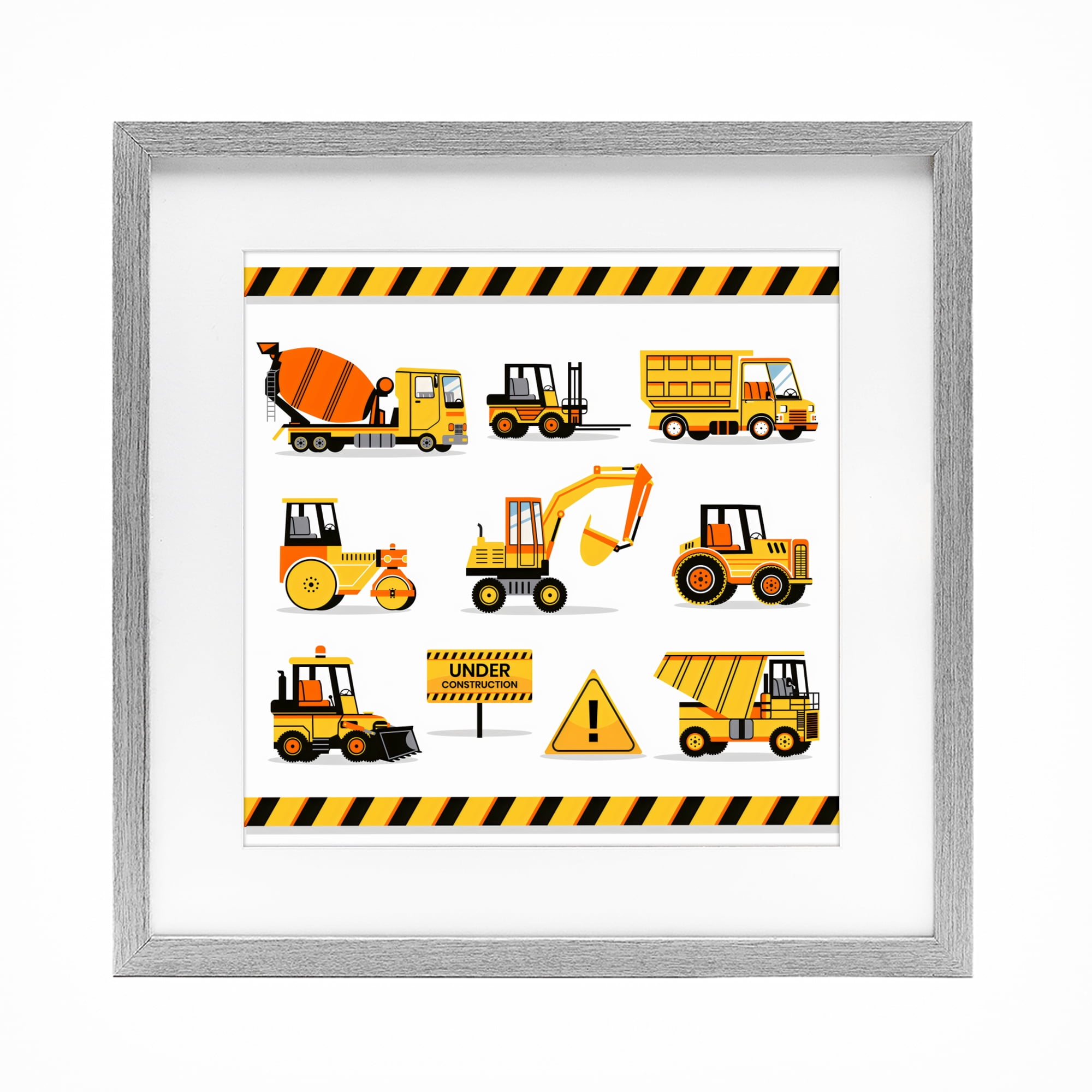 Stupell Industries Construction Vehicles with Warning Gray Framed Print Under Glass, design by Creative Studio