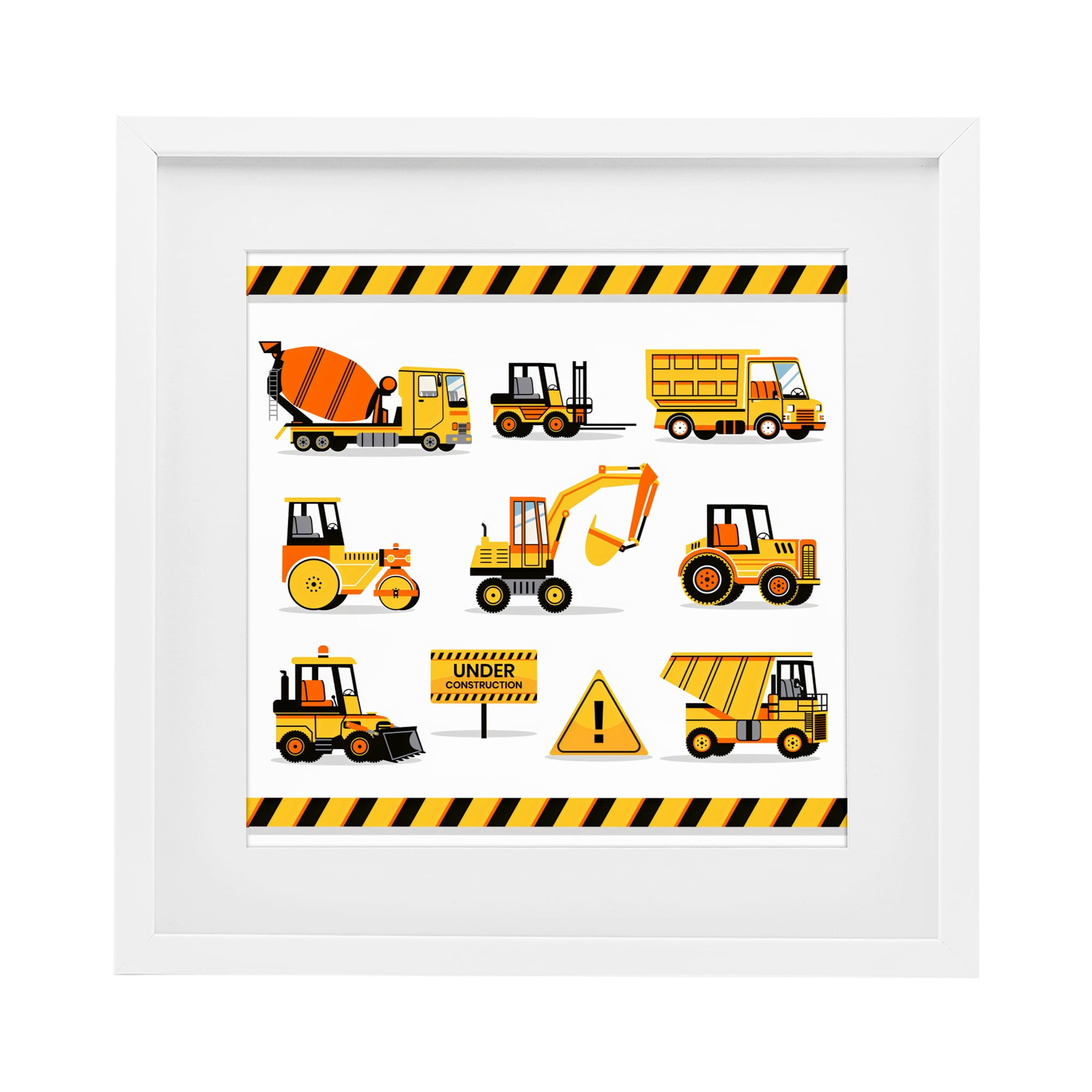 Stupell Industries Construction Vehicles with Warning White Framed Print Under Glass, design by Creative Studio