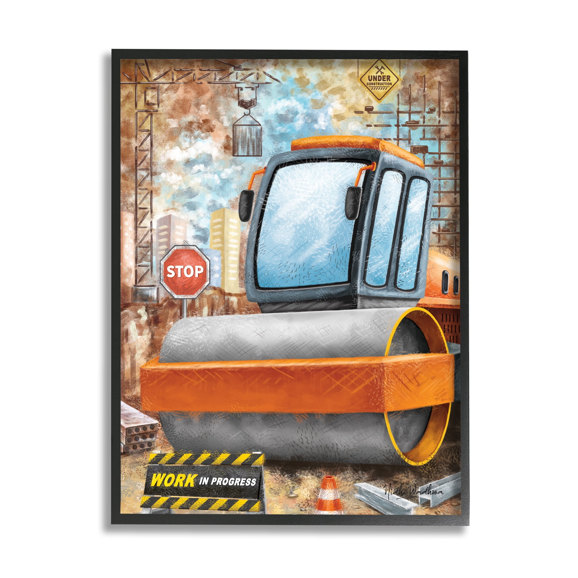 Stupell Industries Construction Work Scene Transportation Painting Black Framed Art Print Wall Art, 16 x 20
