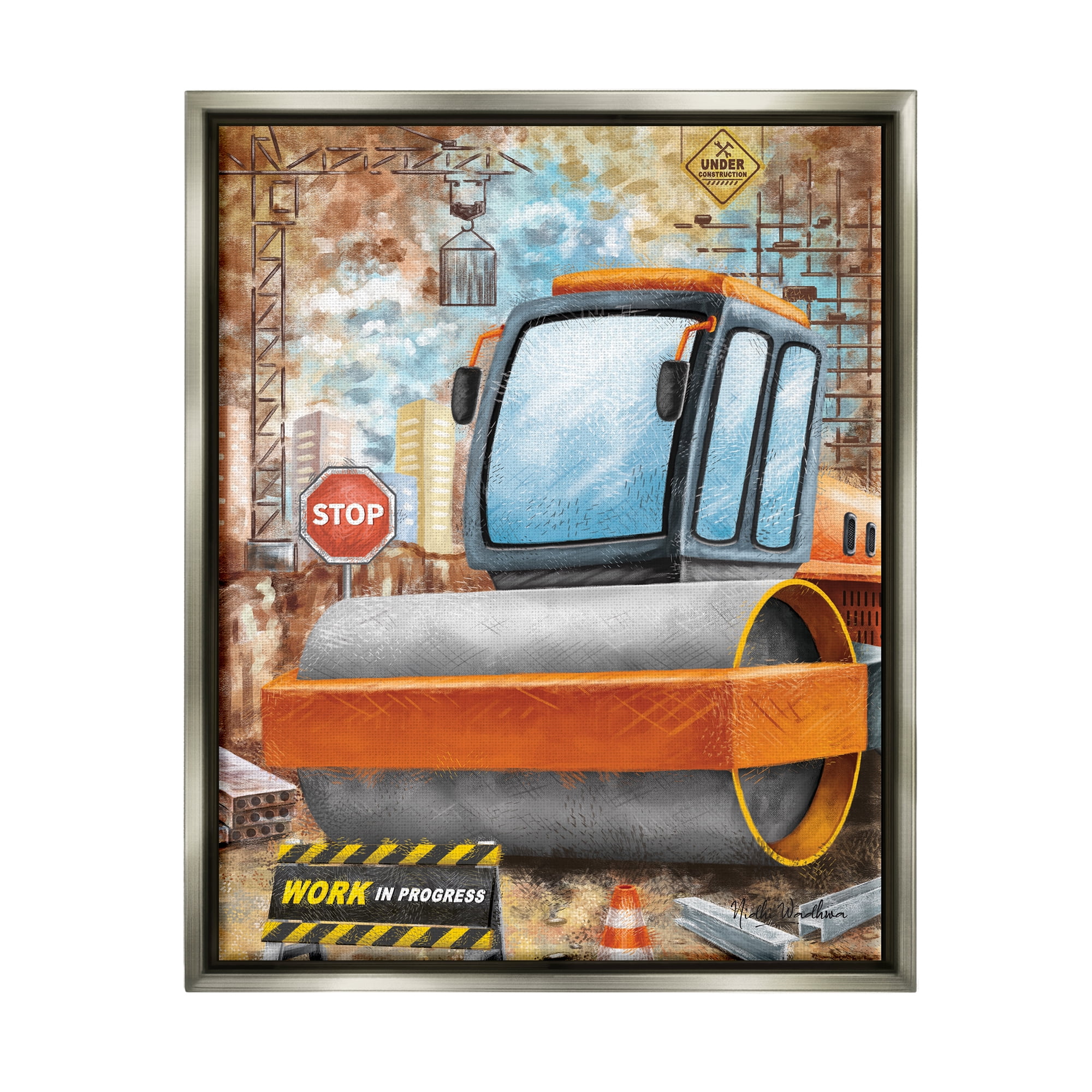 Stupell Industries Construction Work Scene Transportation Painting Gray Floater Framed Art Print Wall Art, 17 x 21