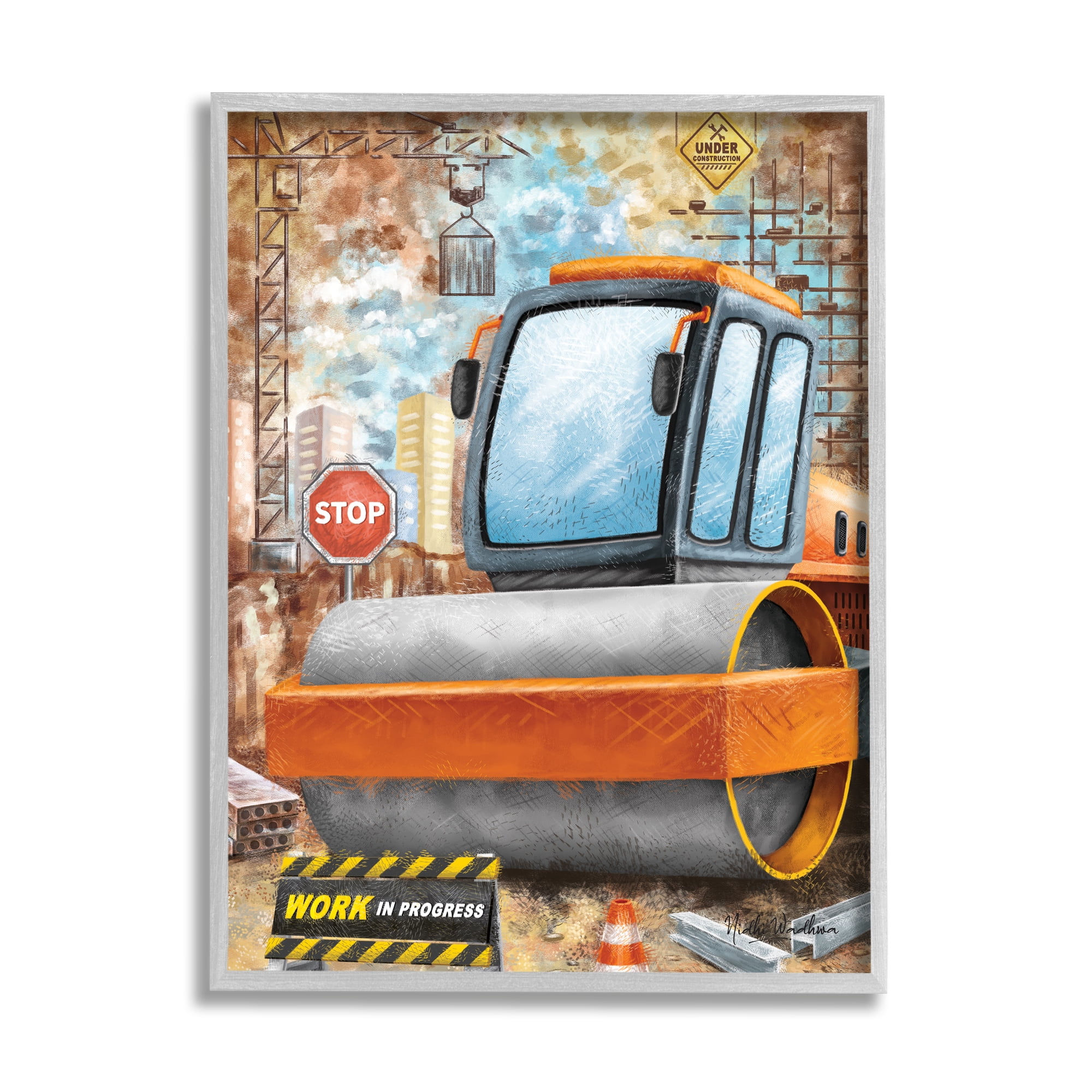 Stupell Industries Construction Work Scene Transportation Painting Gray Framed Art Print Wall Art, 24 x 30