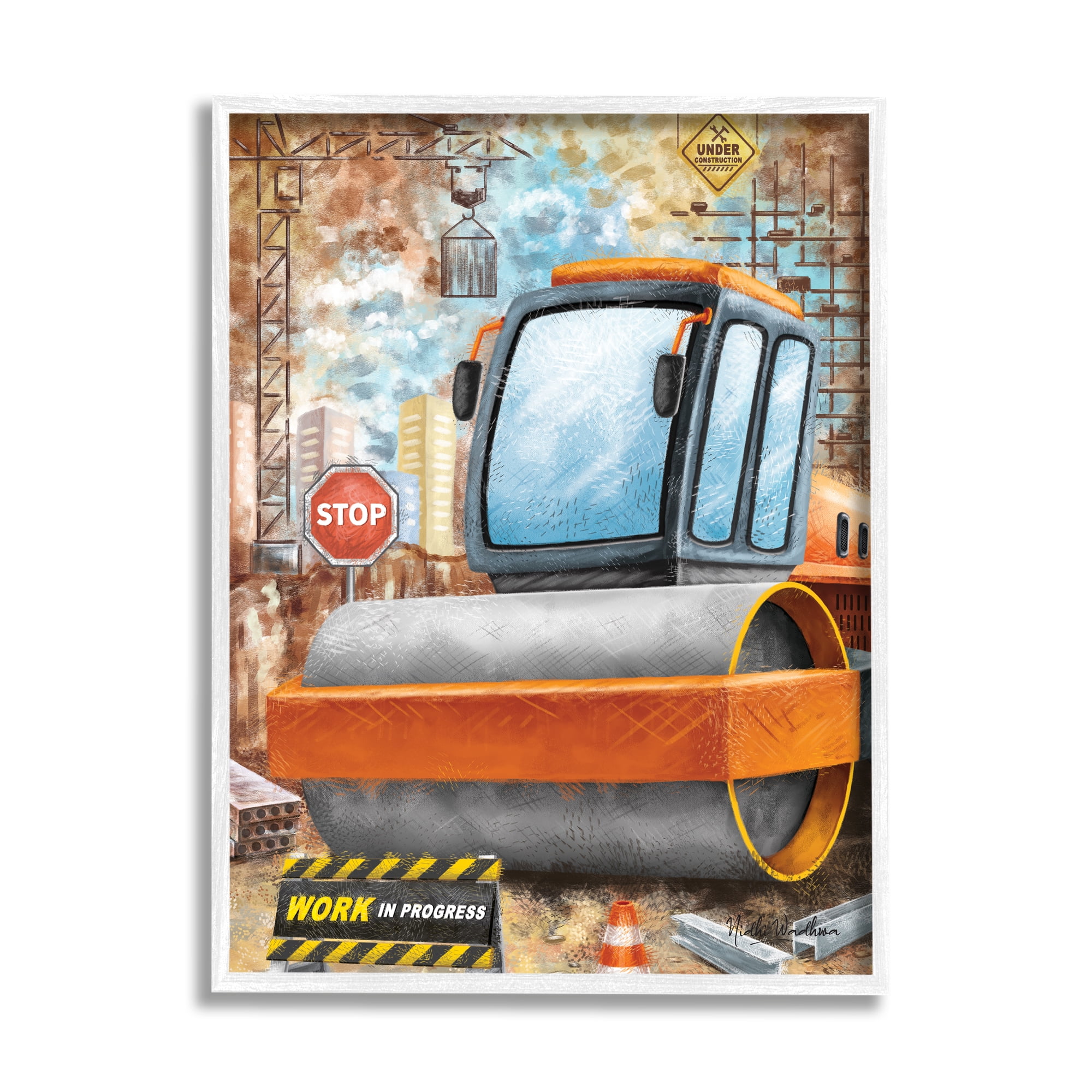 Stupell Industries Construction Work Scene Transportation Painting White Framed Art Print Wall Art, 24 x 30