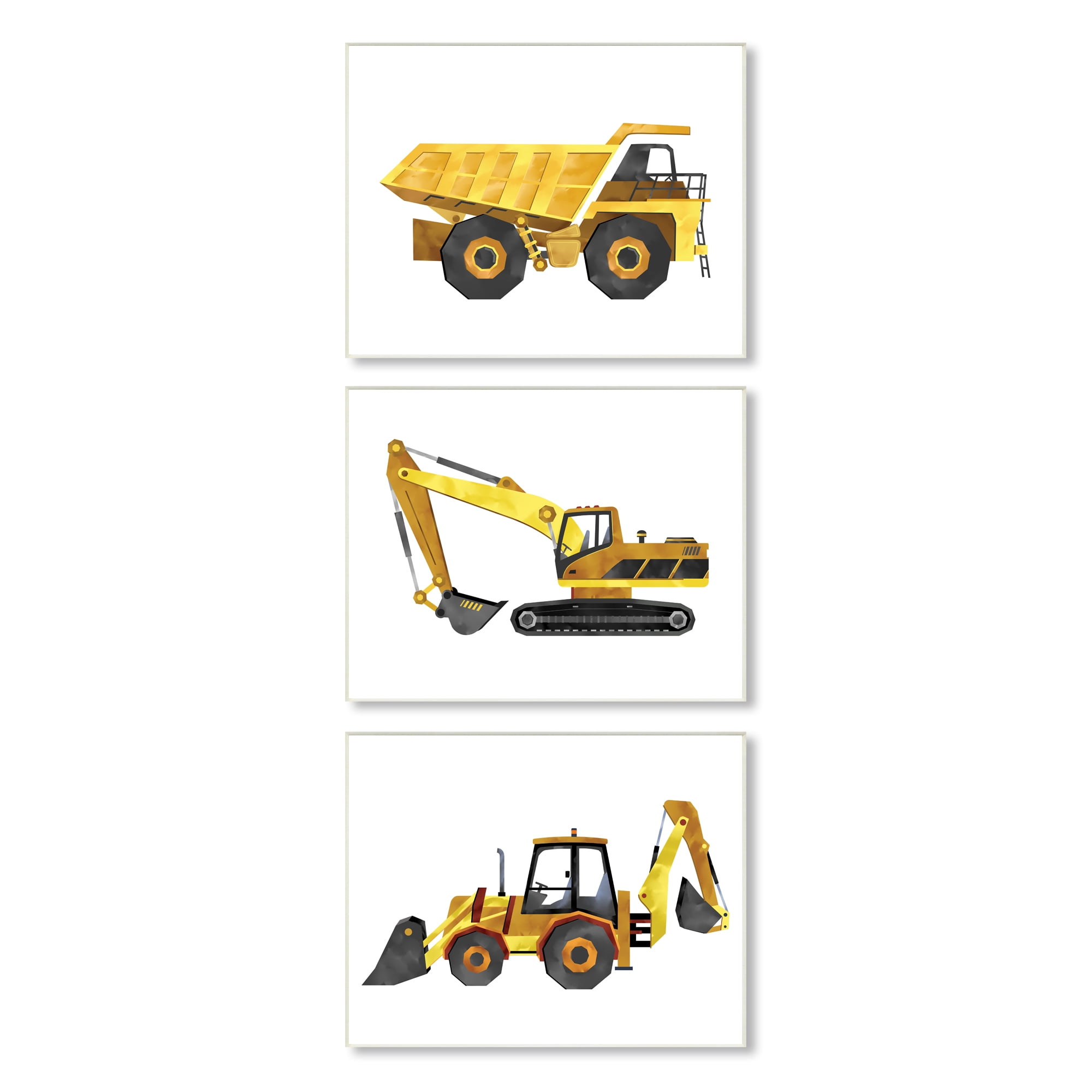 Stupell Industries Construction and Demolition Trucks Yellow Black Vehicles,3pc, each 10 x 15,Designed by Ziwei Li