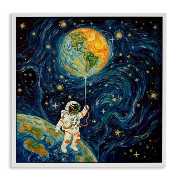 Stupell Industries Contemporary Astronaut with Earth Balloon White Framed Giclee Art, 24 x 24, by Angie Hawke