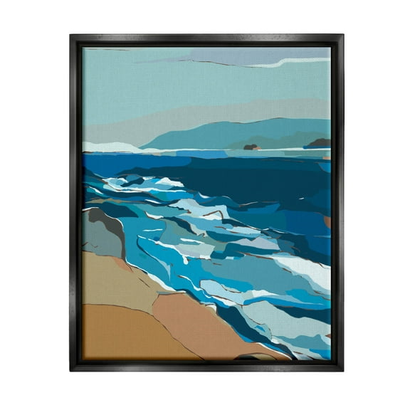 Stupell Industries Contemporary Beach Shore Waves Graphic Art Jet Black Floating Framed Canvas Print Wall Art, Design by Nikita Jariwala