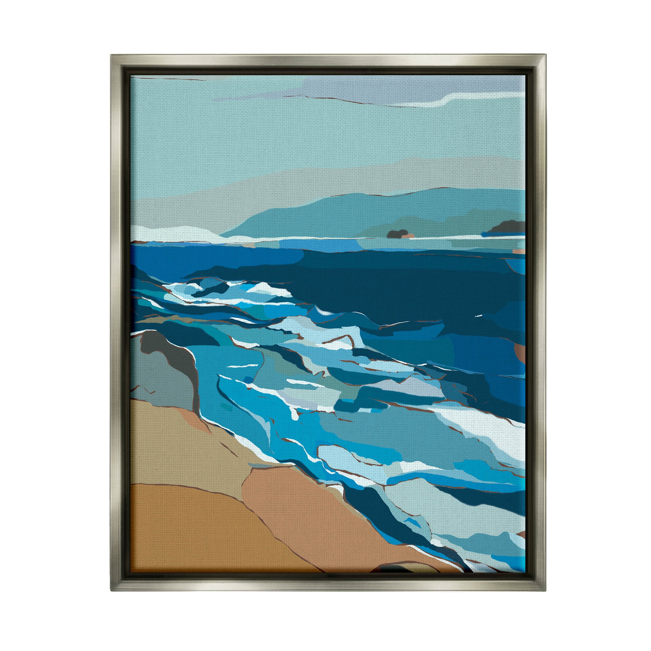 Stupell Industries Contemporary Beach Shore Waves Graphic Art Luster Gray Floating Framed Canvas Print Wall Art, Design by Nikita Jariwala