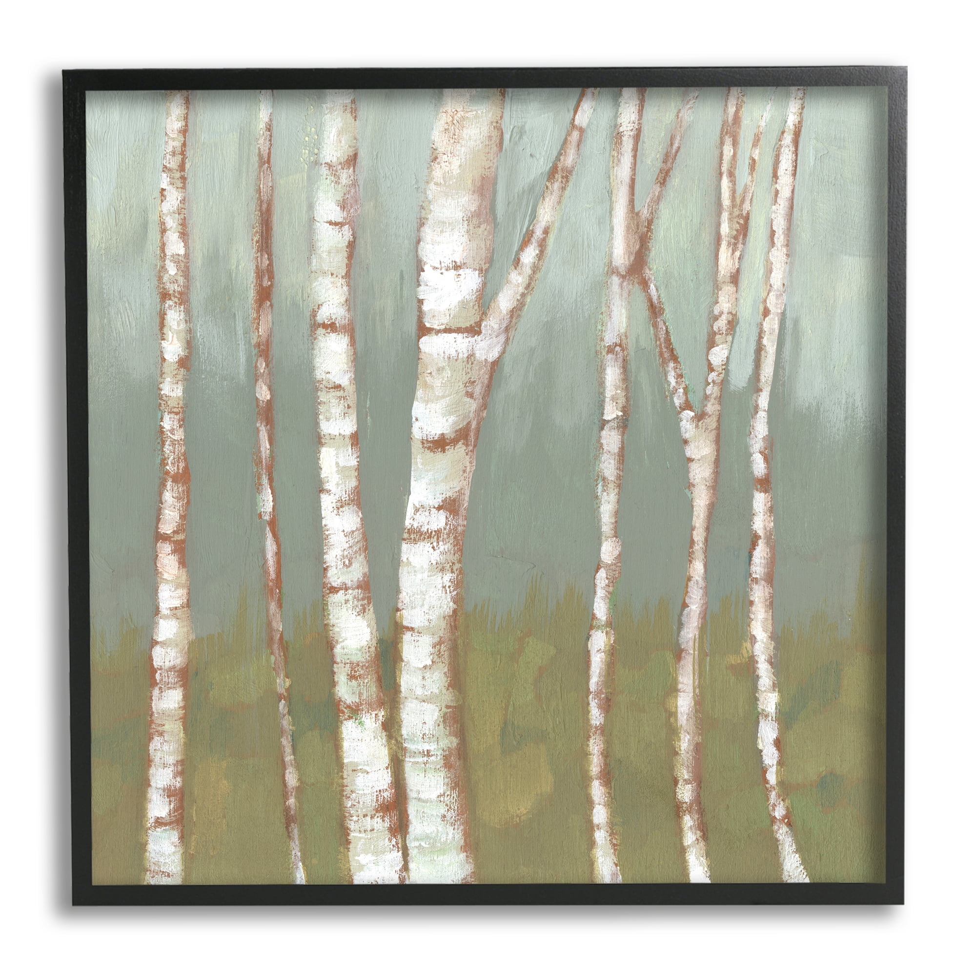 Stupell Industries Contemporary Birch Tree Bark Soft Green Forest Landscape Nature Painting Black Framed Art Print Wall Art, 24 x 24