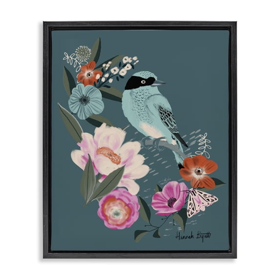 Stupell Industries Contemporary Blue Bird & Flowers Black Floating Frame Canvas Art, 17 x 21, by Hannah Byatt