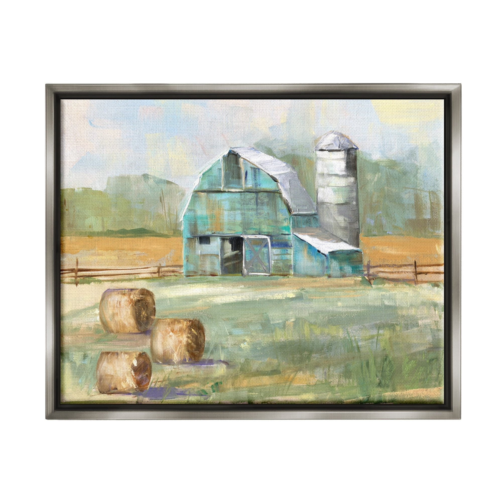 Stupell Industries Contemporary Blue Farm Barn Hay Bails Empty Field Luster Gray Framed Floating Canvas Wall Art, 16x20, by Sally Swatland