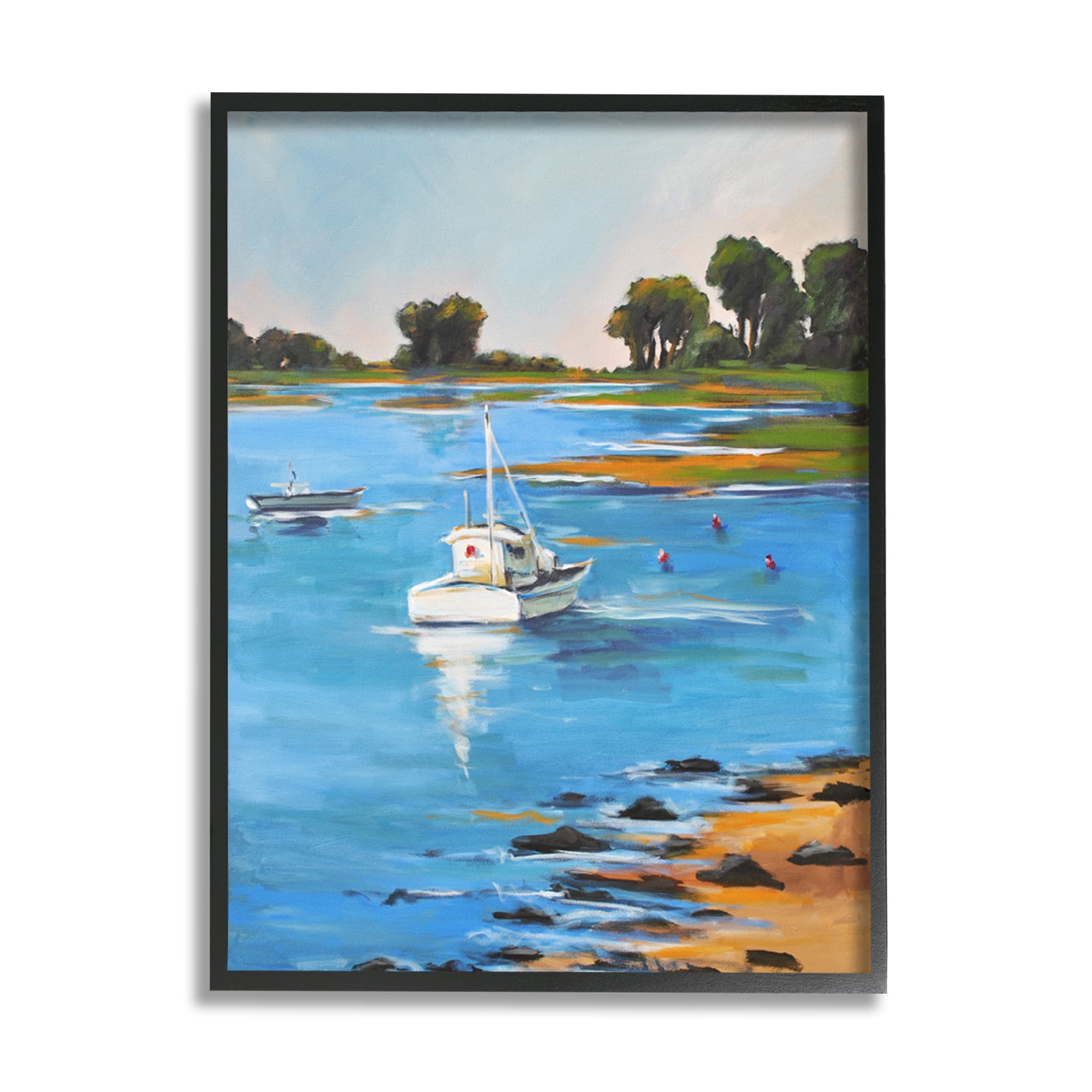 Stupell Industries Contemporary Boating Lake Landscape Clean Blue Water Coastal Painting Black Framed Art Print Wall Art, 24 x 30, Design by Allayn Stevens