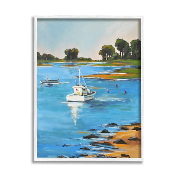 Stupell Industries Contemporary Boating Lake Landscape Clean Blue Water Coastal Painting White Framed Art Print Wall Art, 11 x 14, Design by Allayn Stevens