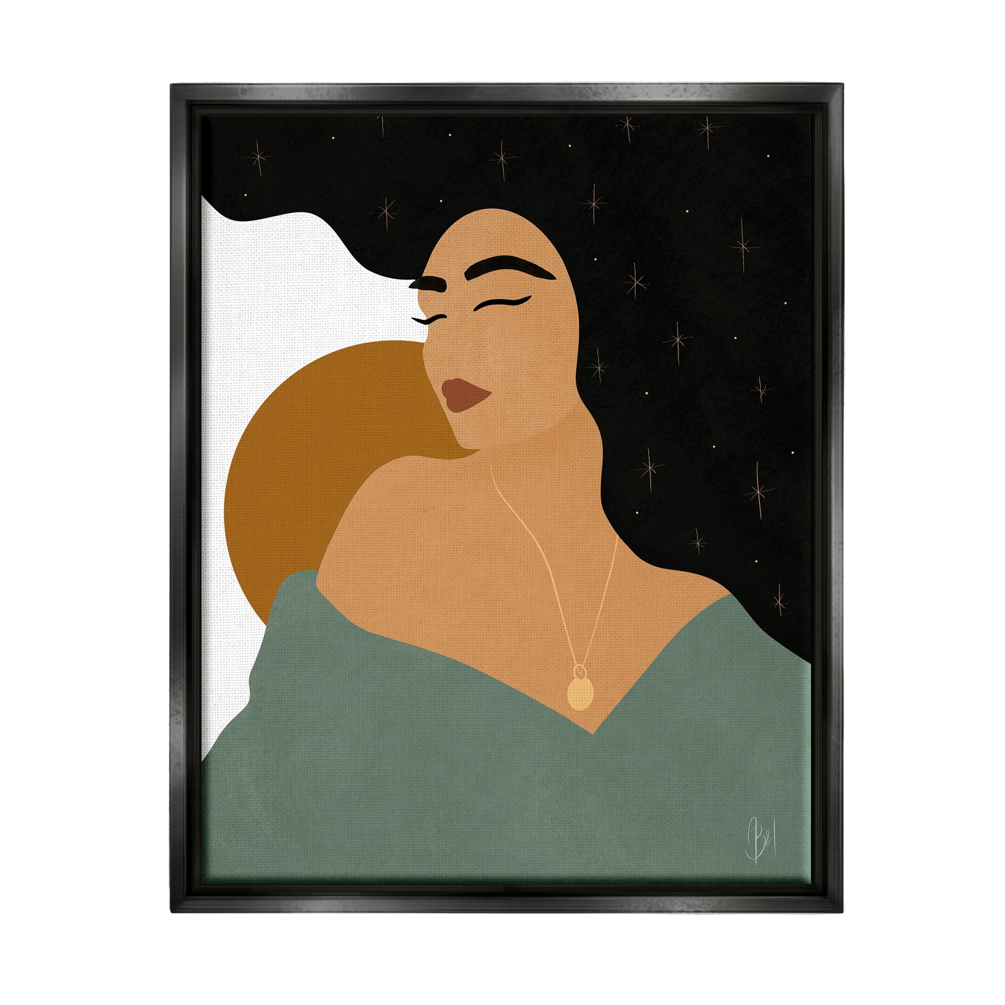 Stupell Industries Contemporary Boho Girl Portrait Beauty & Fashion Painting Black Floater Framed Art Print Wall Art