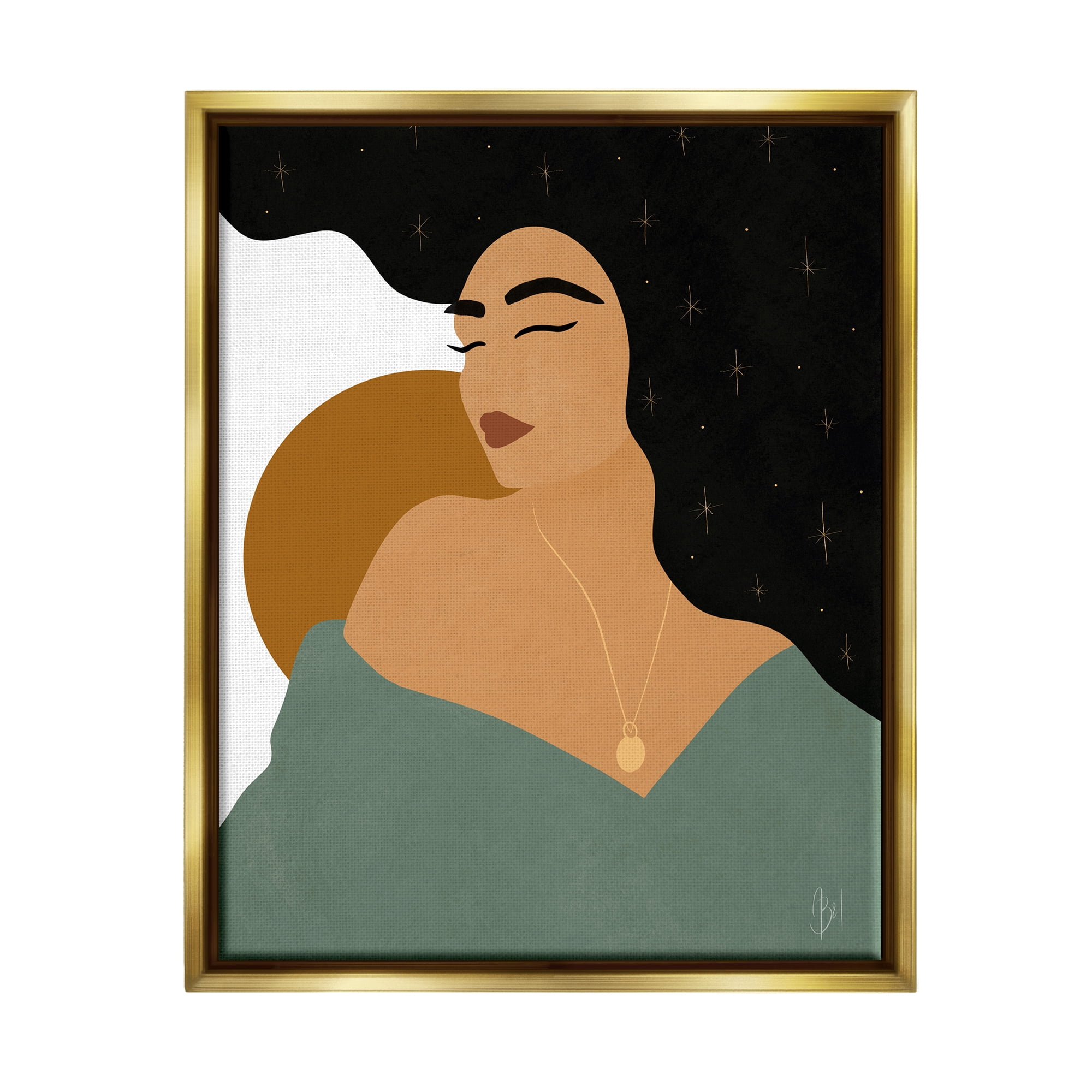 Stupell Industries Contemporary Boho Girl Portrait Beauty & Fashion Painting Gold Floater Framed Art Print Wall Art