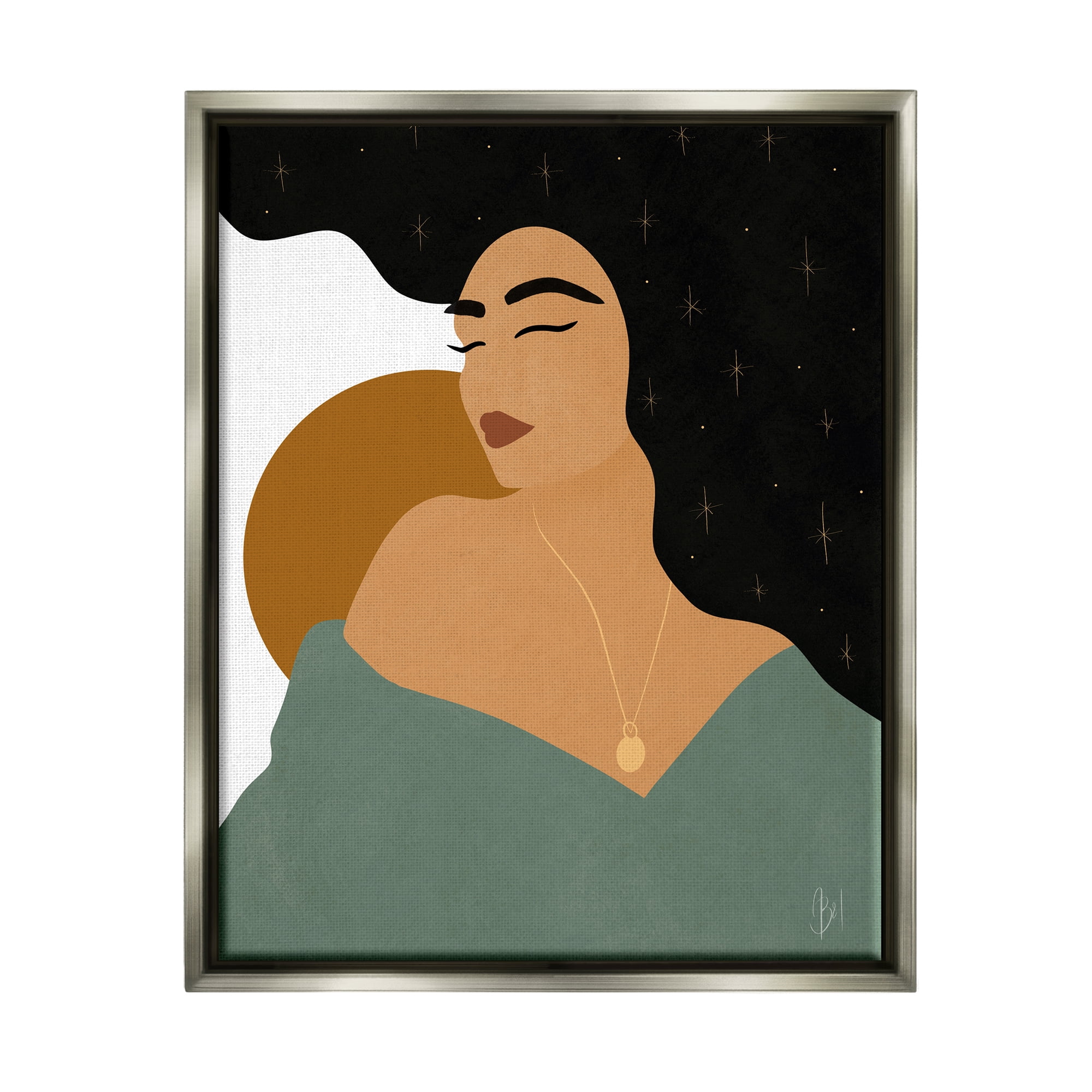 Stupell Industries Contemporary Boho Girl Portrait Beauty & Fashion Painting Gray Floater Framed Art Print Wall Art