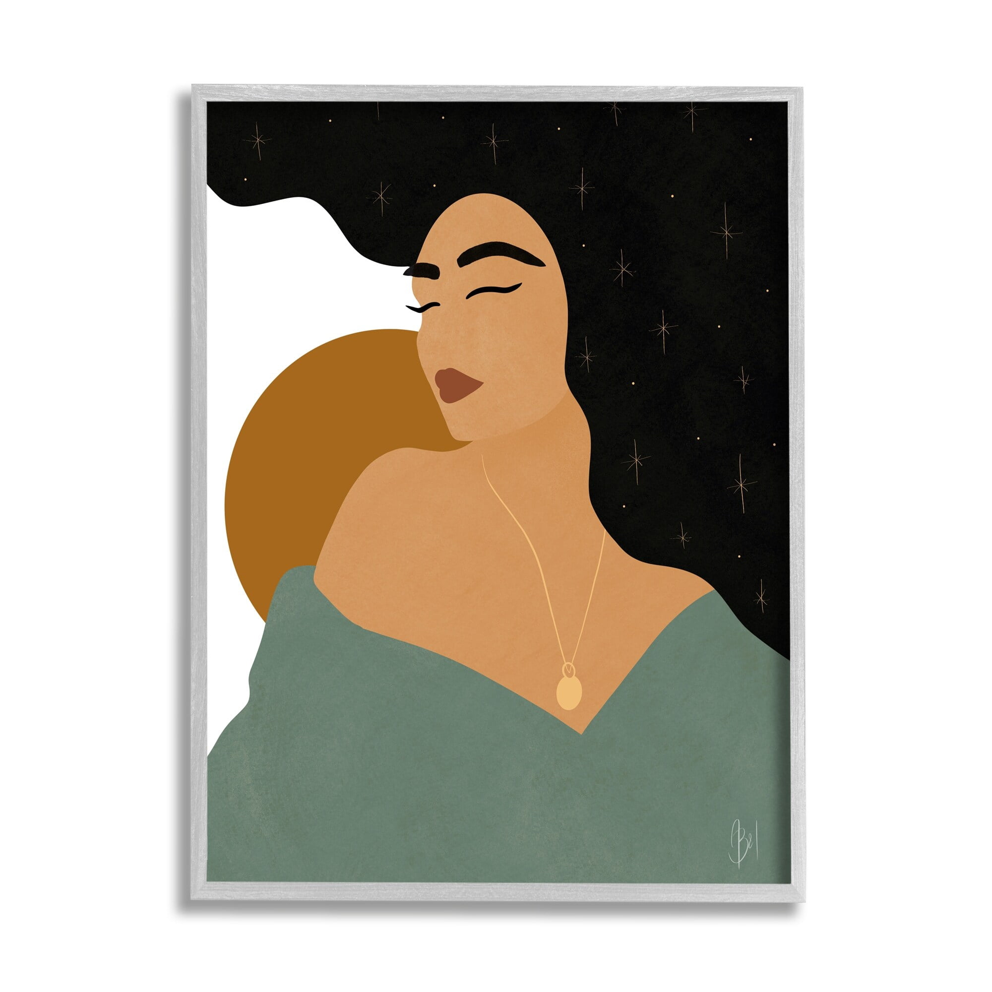 Stupell Industries Contemporary Boho Girl Portrait Beauty & Fashion Painting Gray Framed Art Print Wall Art