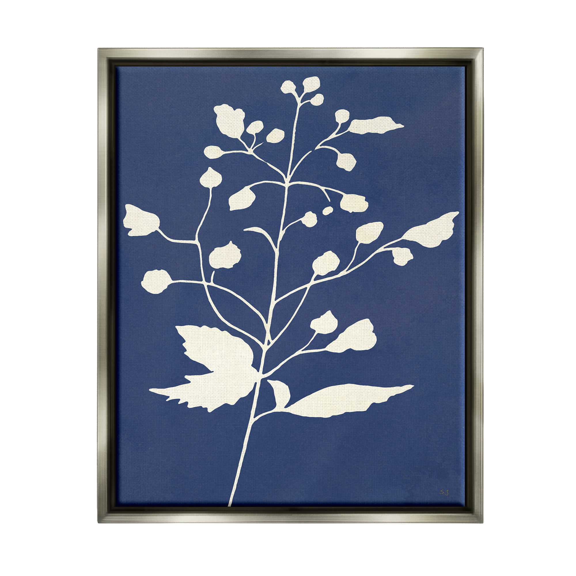 Stupell Industries Contemporary Botanical Sprig Shape Abstract Plant Leaves Graphic Art Luster Gray Floating Framed Canvas Print Wall Art, Design by Susan Jill