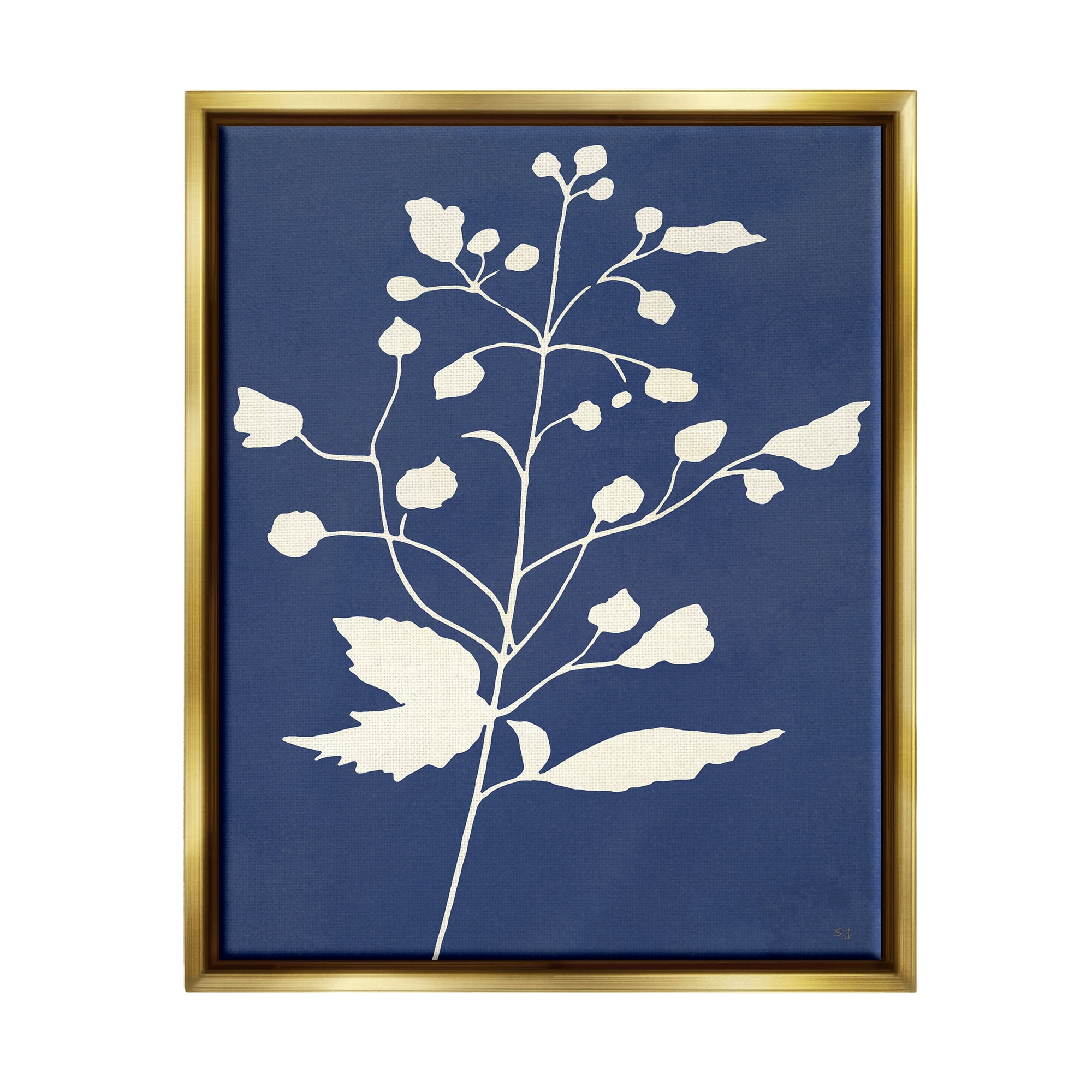 Stupell Industries Contemporary Botanical Sprig Shape Abstract Plant Leaves Graphic Art Metallic Gold Floating Framed Canvas Print Wall Art, Design by Susan Jill