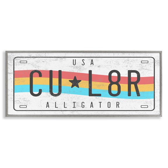 Stupell Industries Contemporary CU L8R Alligator Rainbow License Plate Humor Gray Framed Giclee Art, 30 x 13, by Lil' Rue