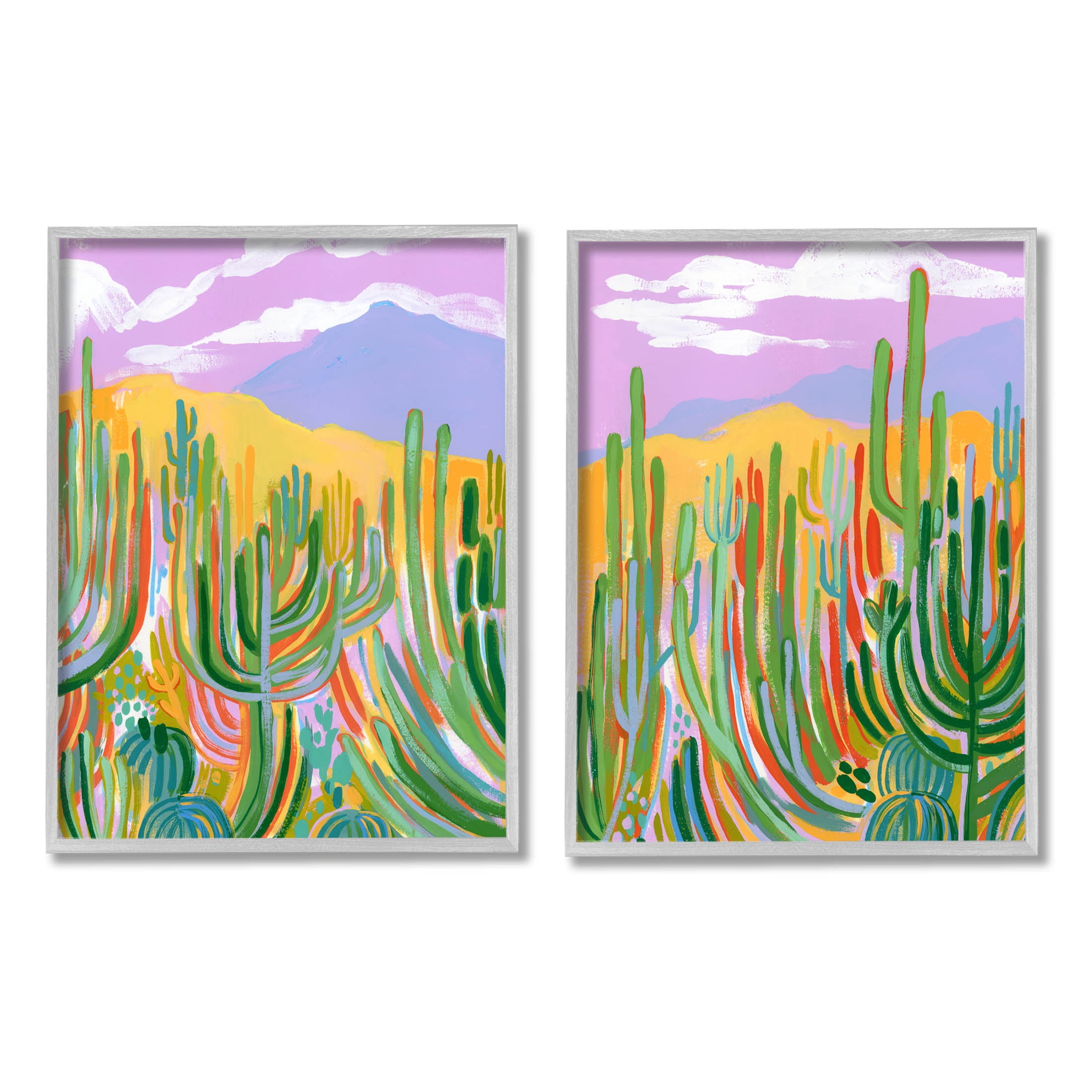 Stupell Industries Contemporary Cactus Desert Sky Painting Gray Framed Art Print Wall Art, Set of 2, Design by Laura Marr